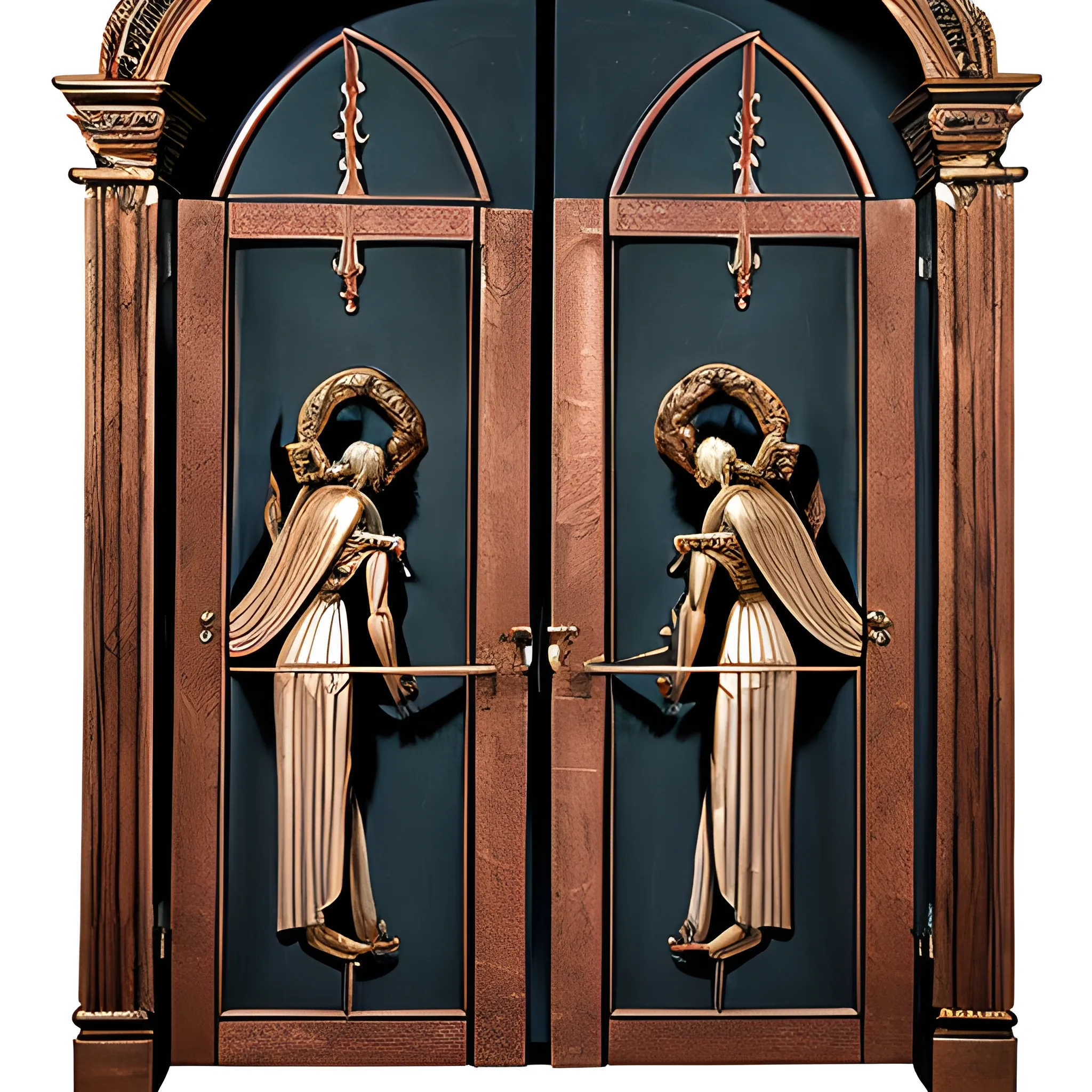  double doors one side adorned with an angelic figure, the other with a demon figure