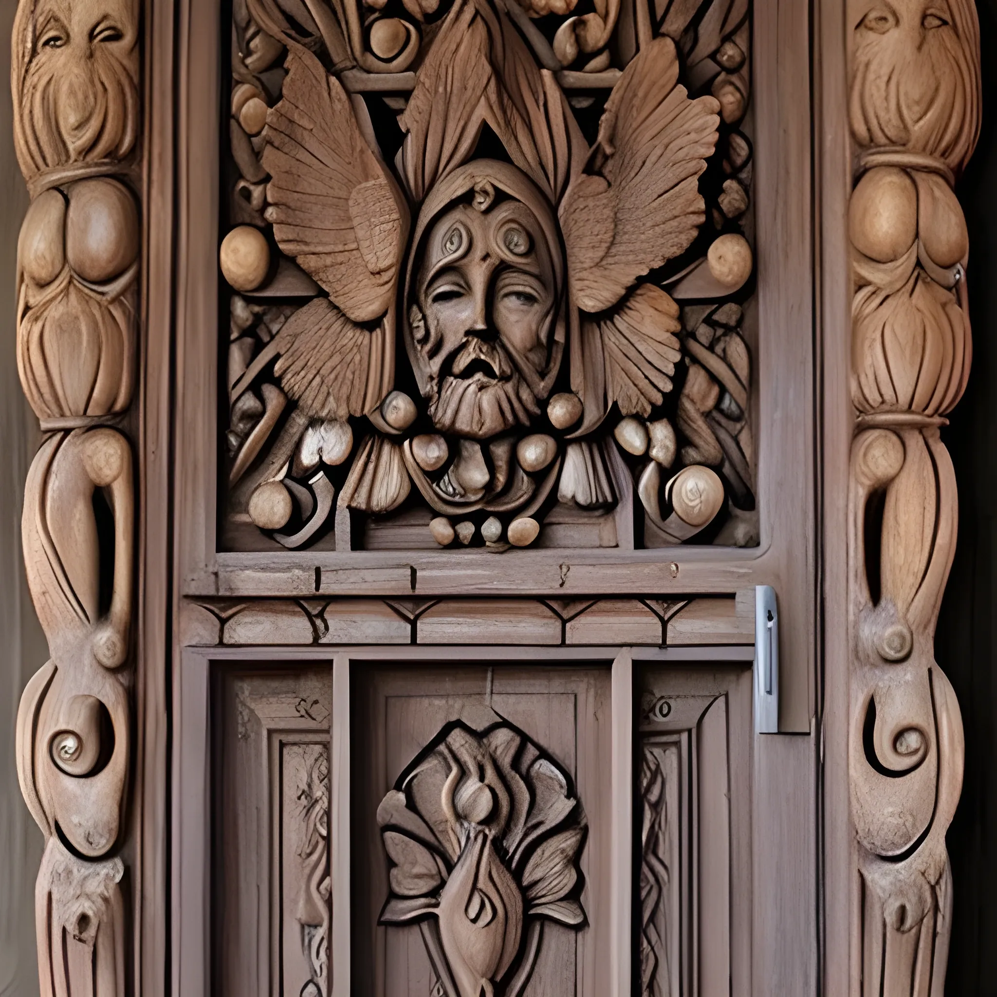 a door with a beautiful godness carved on it