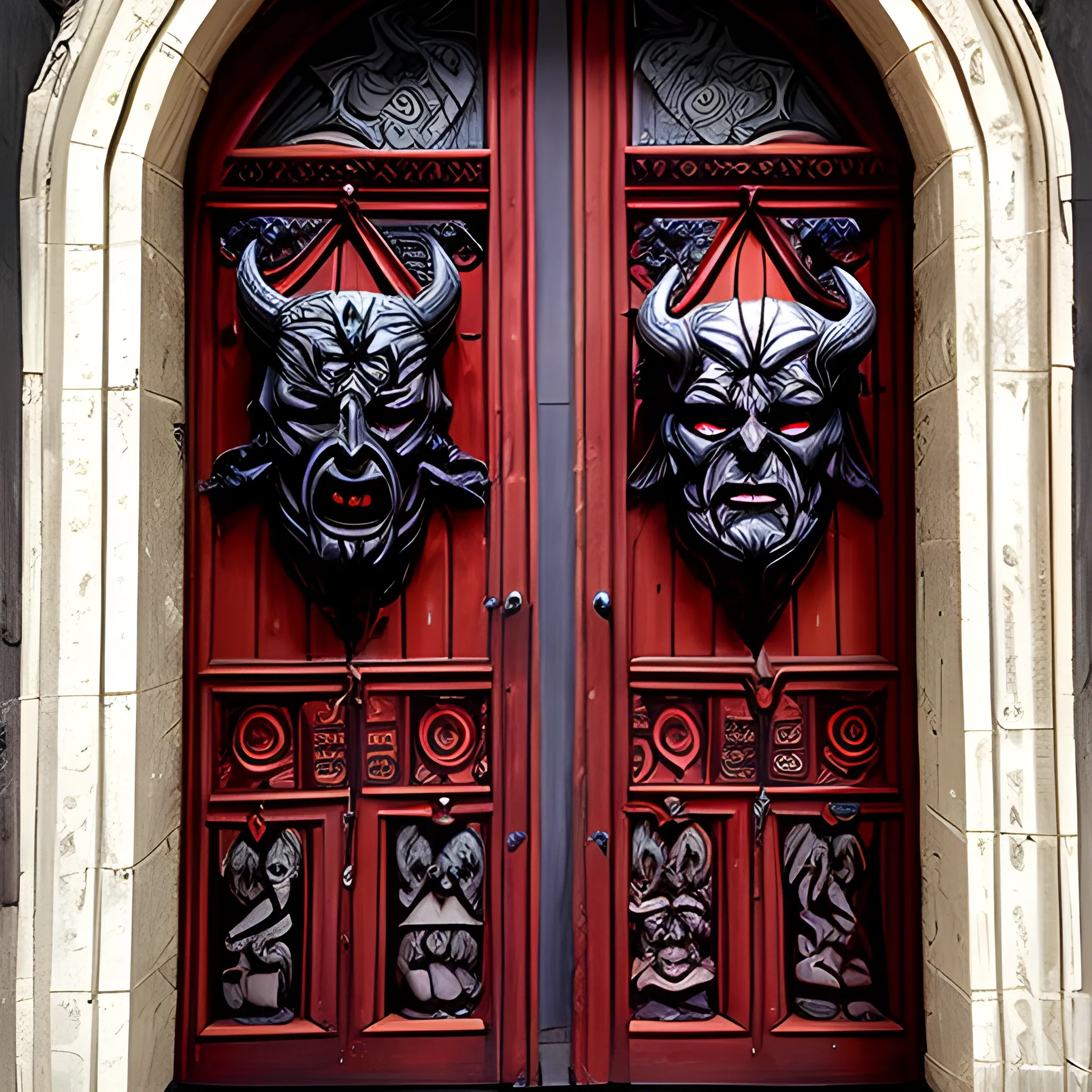 a double door with a beautiful godness carved on the right side and a devil demon on the left side