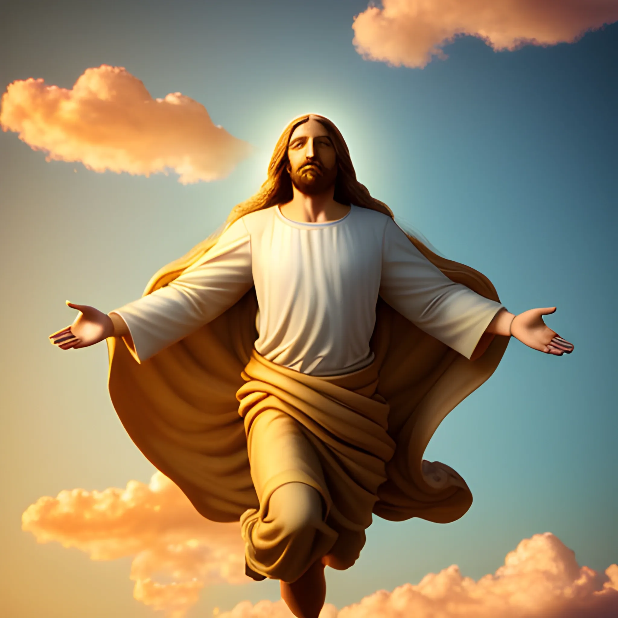 Jesus with brown skin and golden hair surrounded by light flying into the sky full of beautiful colors and hand of GOD reaching down from a cloud, 3D