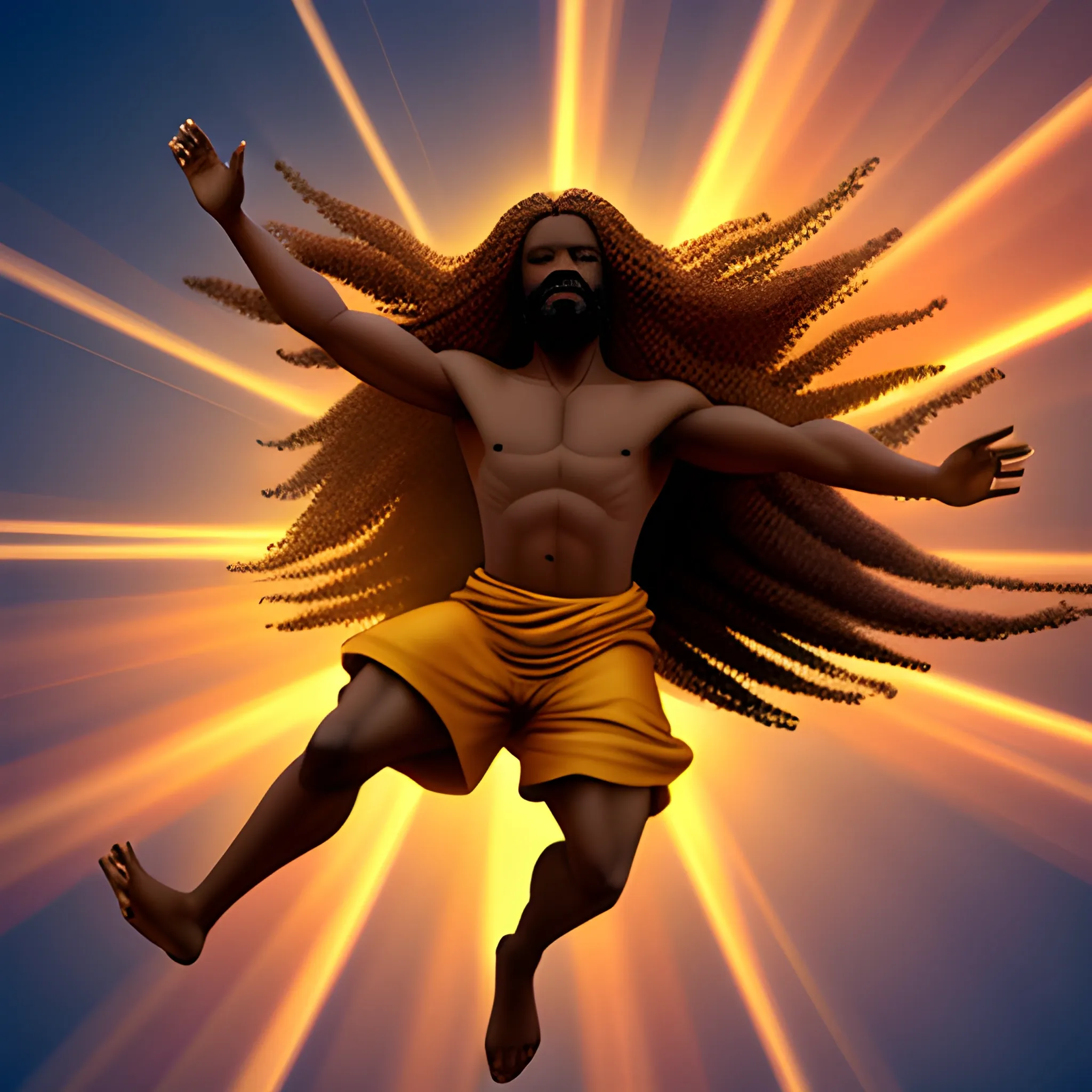 African American Jesus with brown skin and long golden hair surrounded by light flying into the sky full of beautiful colors and hand of GOD reaching down from a cloud, 3D