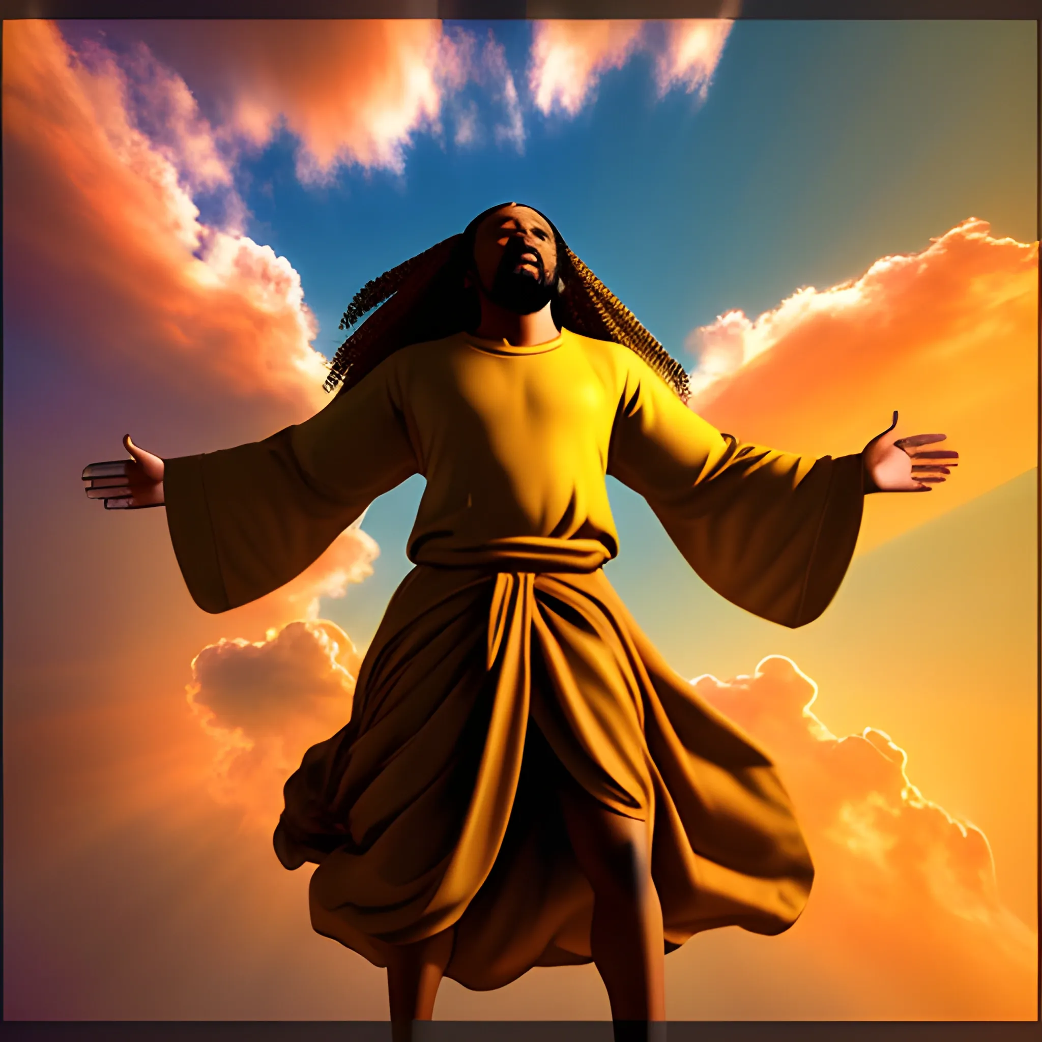African American Jesus with brown skin and long golden hair surrounded by light flying into the sky full of beautiful colors and hand of GOD reaching down from a cloud, 3D