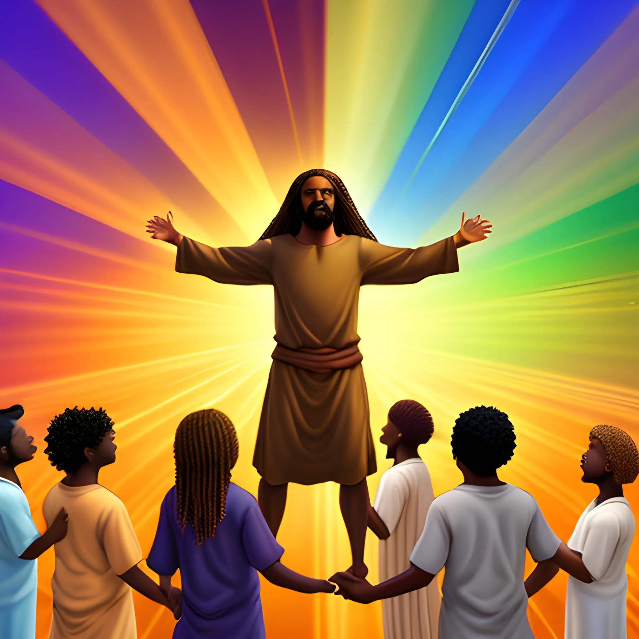 African American Jesus with Jewish face and brown skin and long golden hair surrounded by light flying into the sky full of beautiful colors and hand of GOD reaching down from a cloud, 3D
