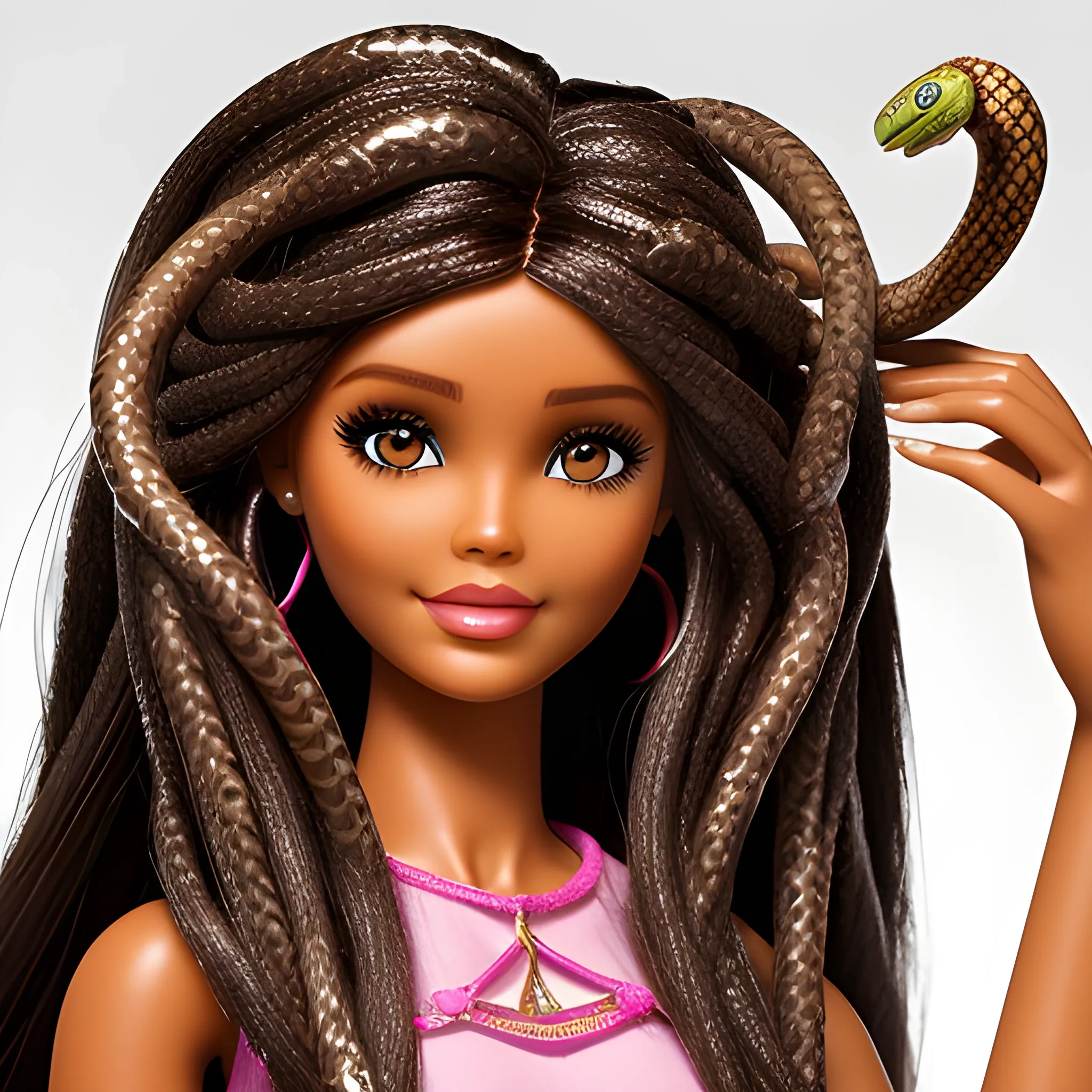 brown barbie doll with medusa head snakes