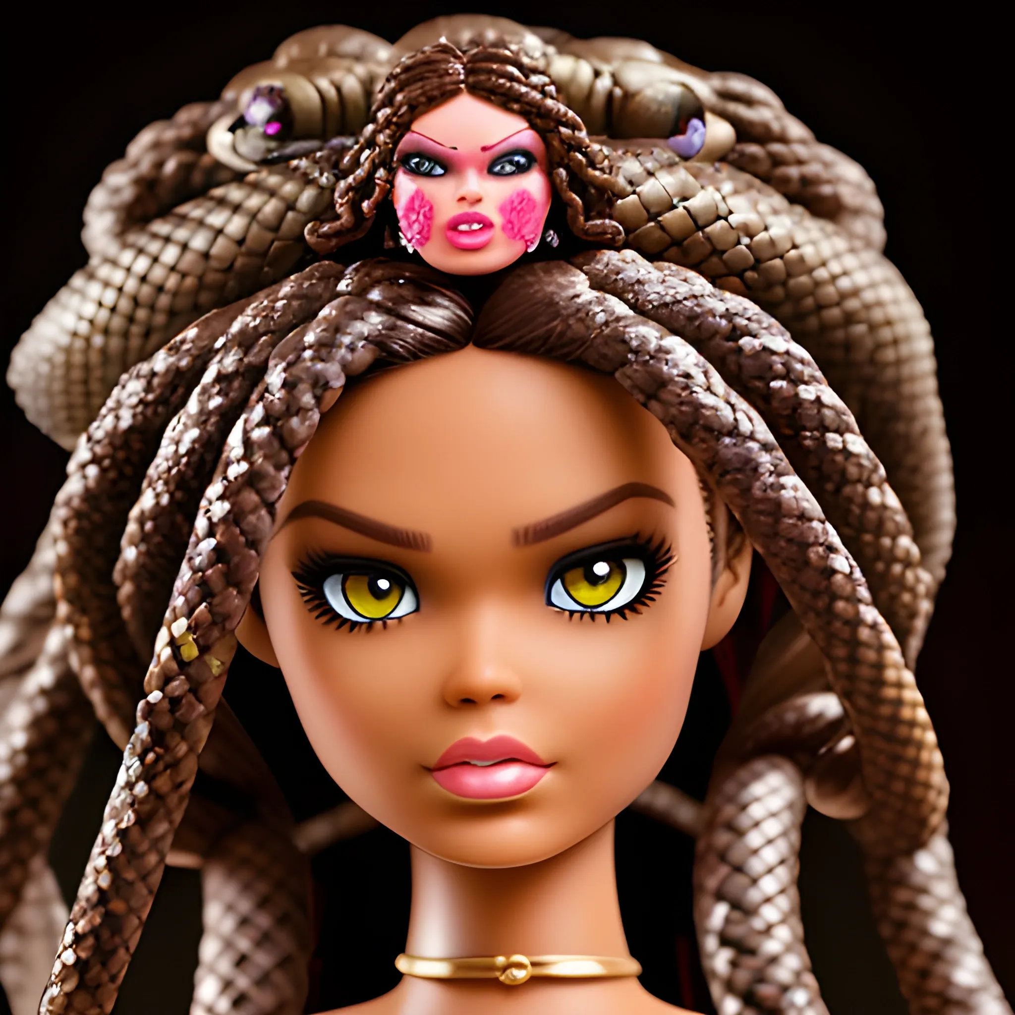 angry brown barbie doll with medusa head snakes