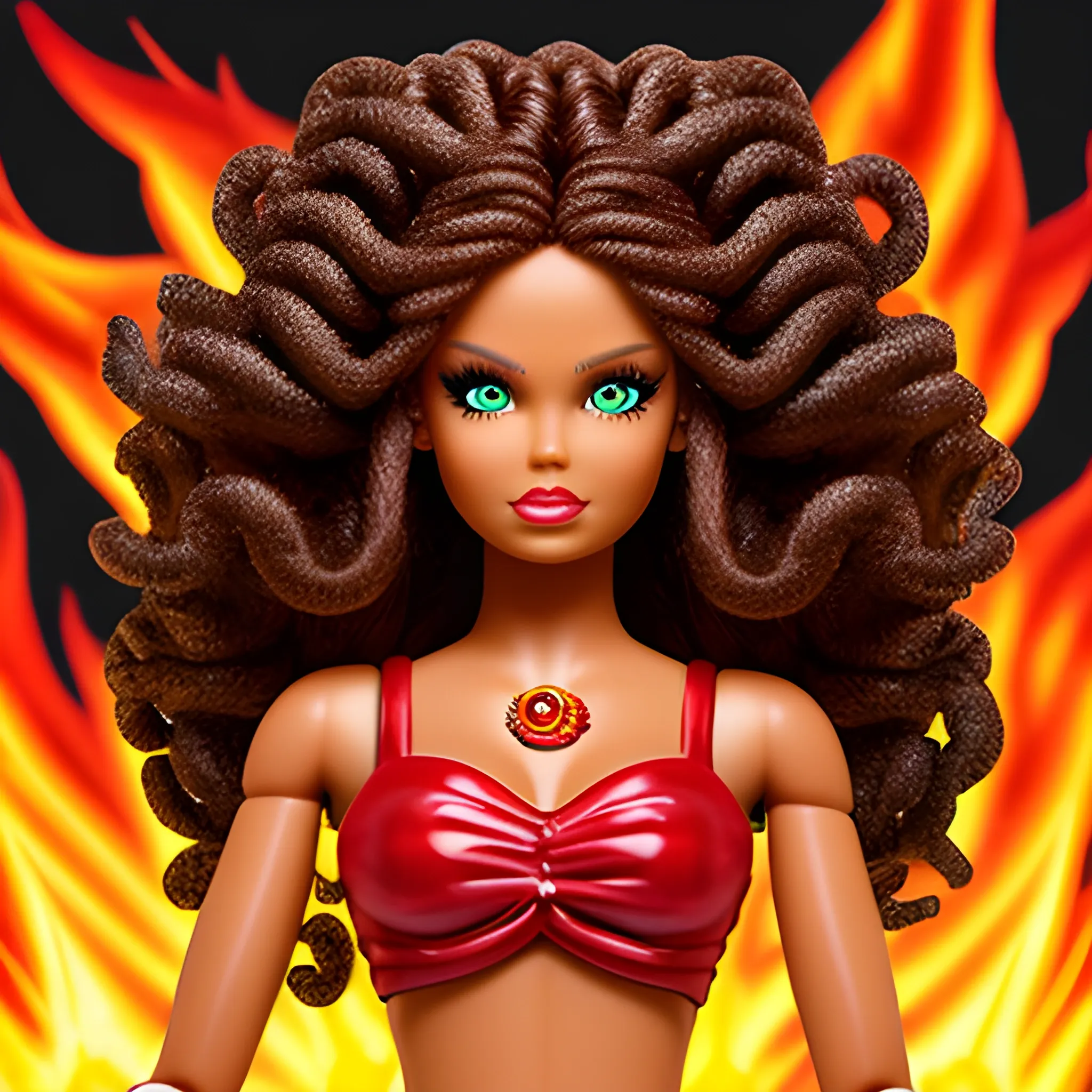 angry brown barbie doll medusa hair fire background
