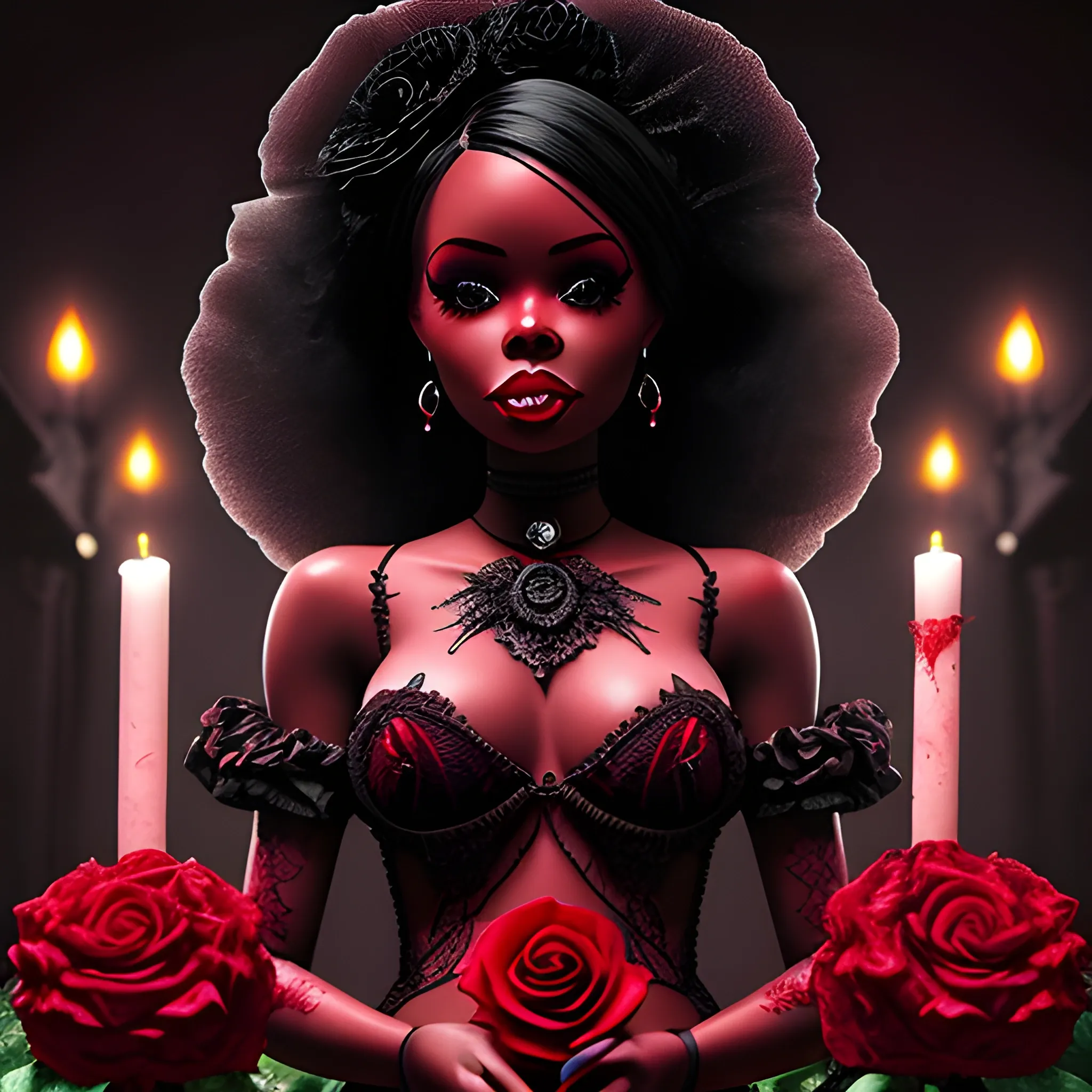 he blood-thirsty red rose blooms ominously over dominican republic black barbie , Detailed and Intricate, Fantasy, Realistic, Surrealist, Dramatic, Beautiful Lighting, Evil, Fear, Horrifying