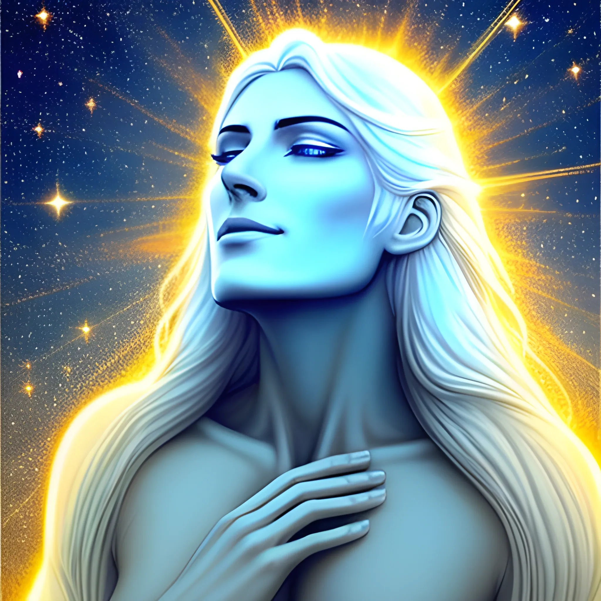 An image of God looking up, his eyes gently closed in contemplation. His white hair flows in an aura of golden light, while His right hand is extended towards the sky, emitting a soft divine light. His expression is serene and full of love, and there is a sense of peace and protection emanating from Him. All around, small particles of golden light float, as if they were blessings being spread throughout the universe.
