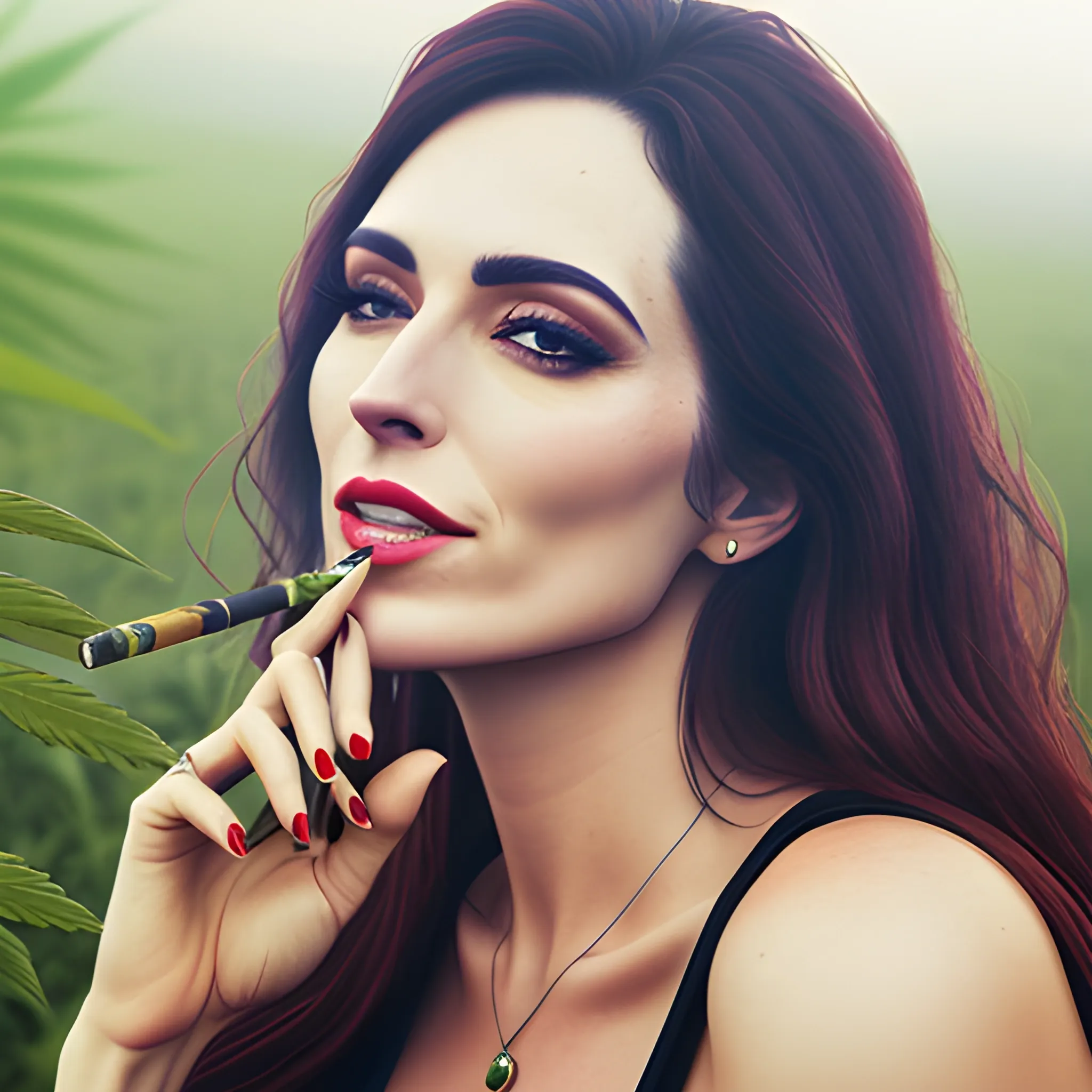 nature, realistic photo, cannabis, high, girl smoking, nice day, detailed
