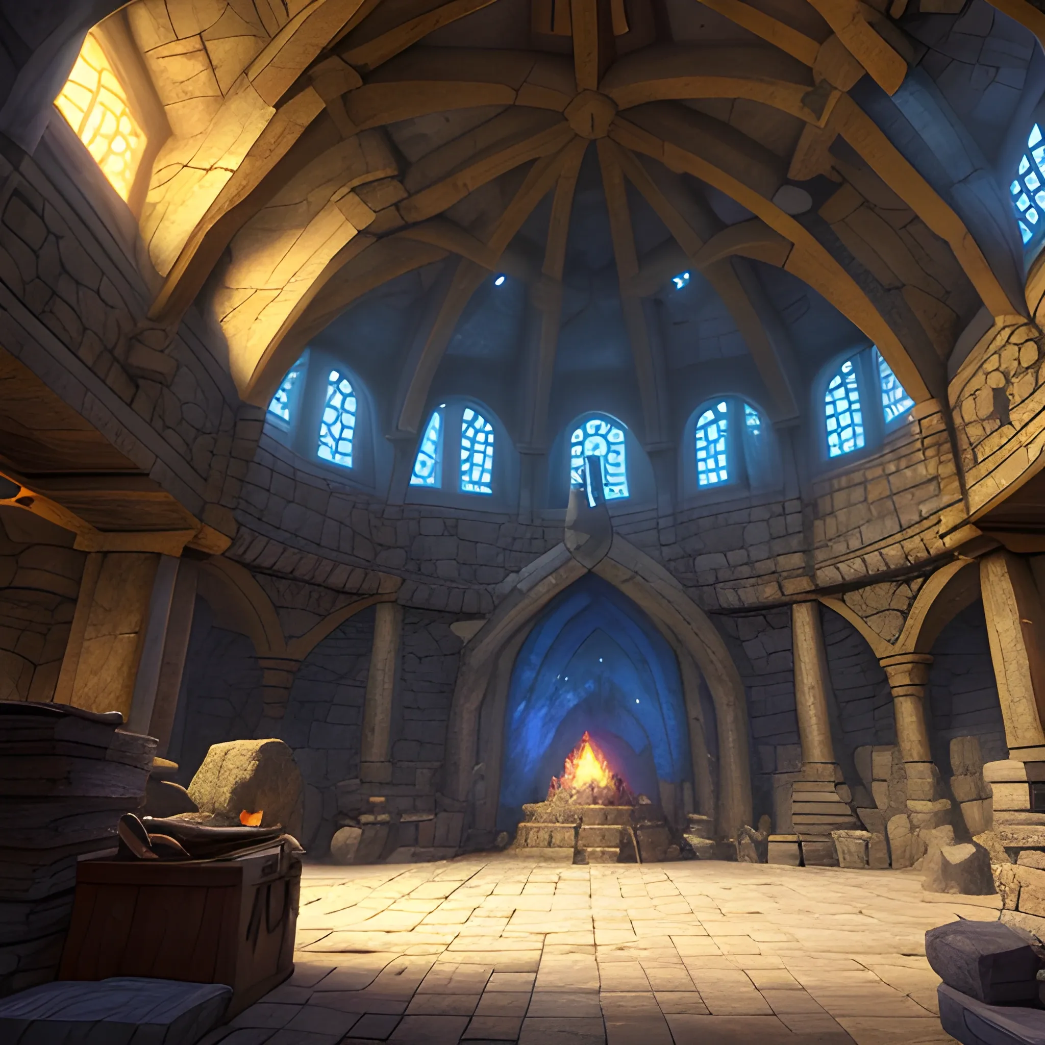 Underground forge, medieval, dwarven forge, super spacious, tall ceiling, underground dome, raw stone floor and walls, unpolished, many tents, anvils, shopping district, super dark, lot of people, selling posts, view from inside, weapons and armors, high resolution, detailed, 8k, detailed matte painting, fantastical, intricate detail, splash screen, complementary colors, fantasy concept art