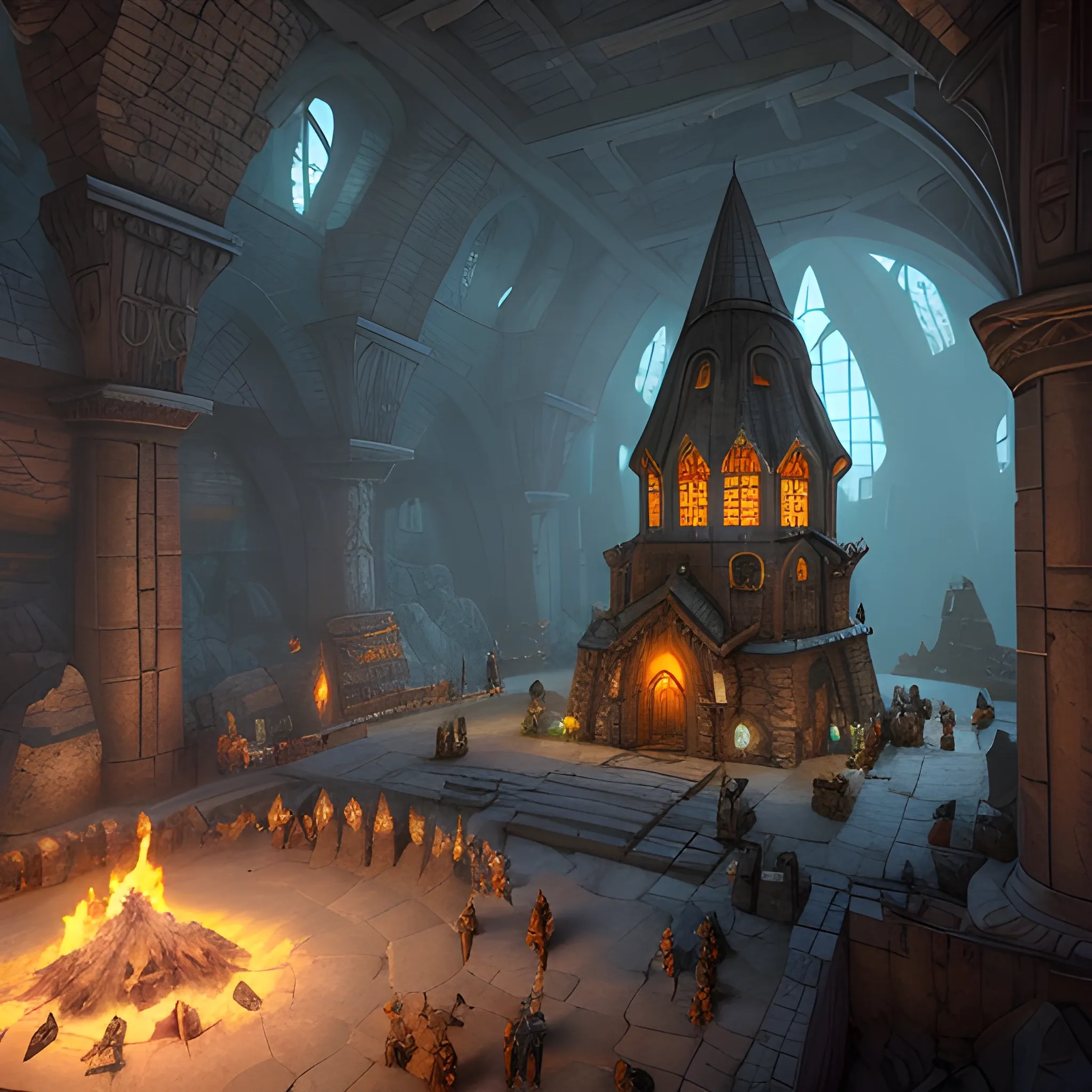 Underground forge, medieval, dwarven forge, super spacious, tall ceiling, underground dome, raw stone floor and walls, unpolished, many tents, anvils, shopping district, super dark, lot of people, selling posts, view from inside, weapons and armors, high resolution, detailed, 8k, detailed matte painting, fantastical, intricate detail, splash screen, complementary colors, fantasy concept art