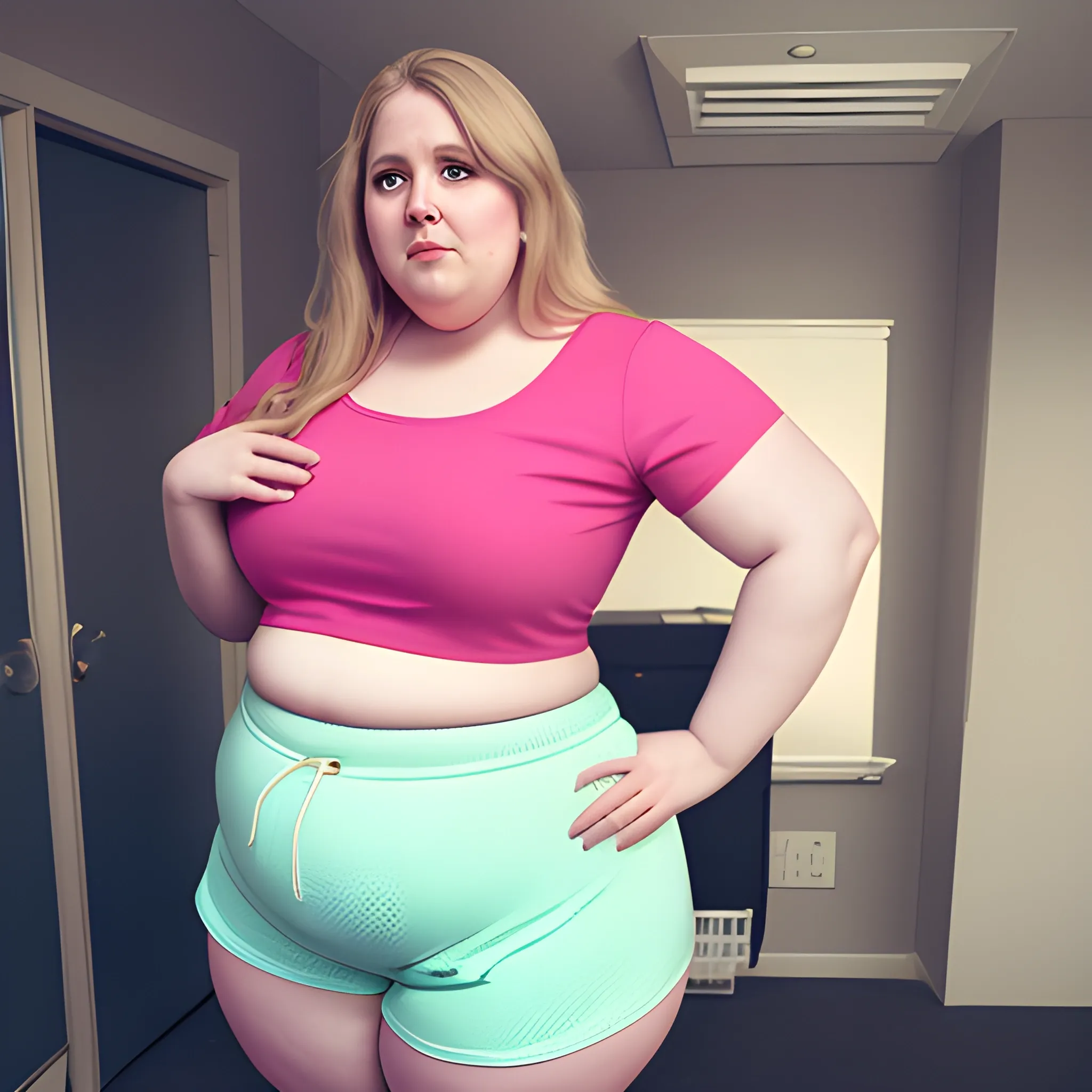 Obese woman in crop top and shorts