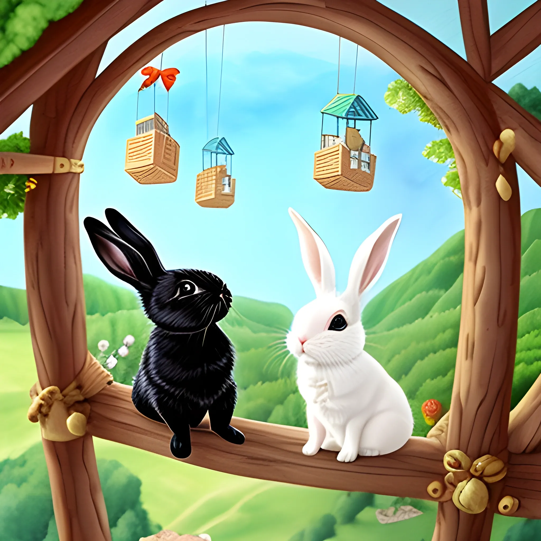 There was an adorable little white bunny who had a special friendship with a black dog. They got along like a house afire, and always had fun together. The little bunny lived in a wonderful treehouse, and the two of then would play together there for hours. The little bunny had many books in his treehouse, and they would take turns reading to each other, and imagine that they were having adventures. They had such fun. One day they imagined that they were taking a ride in a hot air balloon. When they look down, they could see all the other little bunnies and kittens waving to them,  dreamy,  by Andy Farkas, Water Color