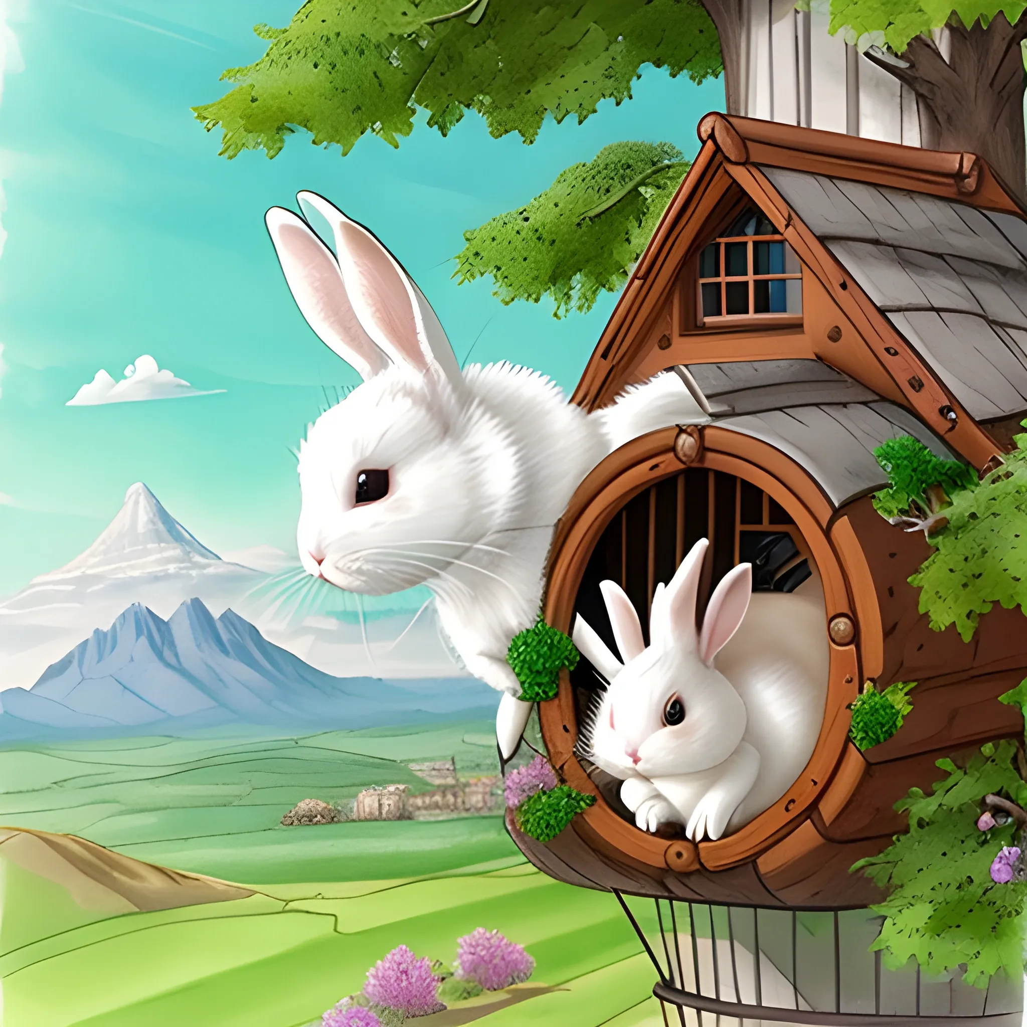 There was an adorable little white bunny who had a special friendship with a black dog. They got along like a house afire, and always had fun together. The little bunny lived in a wonderful treehouse, and the two of then would play together there for hours. The little bunny had many books in his treehouse, and they would take turns reading to each other, and imagine that they were having adventures. They had such fun. One day they imagined that they were taking a ride in a hot air balloon. When they look down, they could see all the other little bunnies and kittens waving to them,  dreamy,  by Andy Farkas, Water Color