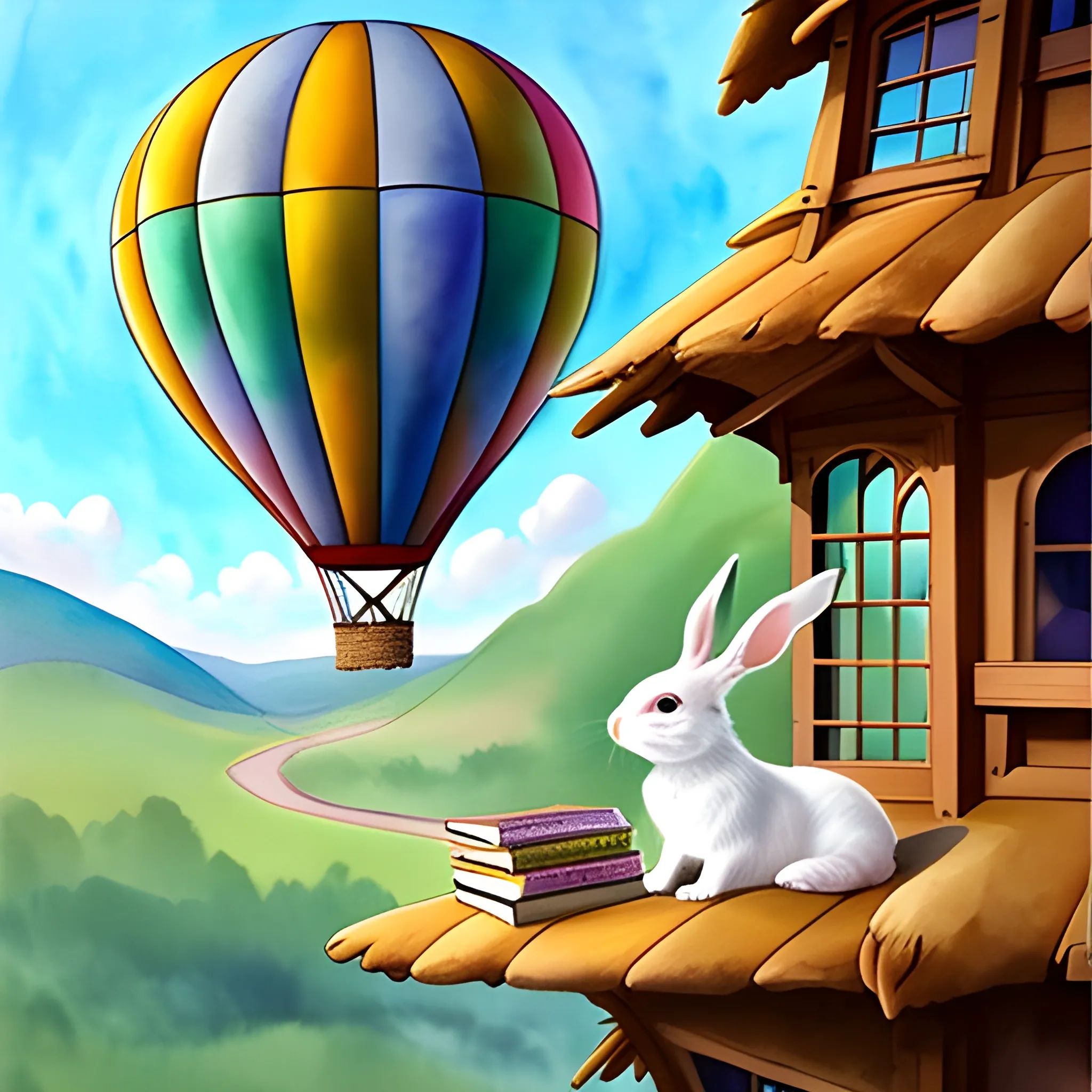 There was an adorable little white bunny who had a special friendship with a black dog. They got along like a house afire, and always had fun together. The little bunny lived in a wonderful treehouse, and the two of then would play together there for hours. The little bunny had many books in his treehouse, and they would take turns reading to each other, and imagine that they were having adventures. They had such fun. One day they imagined that they were taking a ride in a hot air balloon. When they look down, they could see all the other little bunnies and kittens waving to them,  dreamy,  by Andy Farkas, Water Color, Cartoon