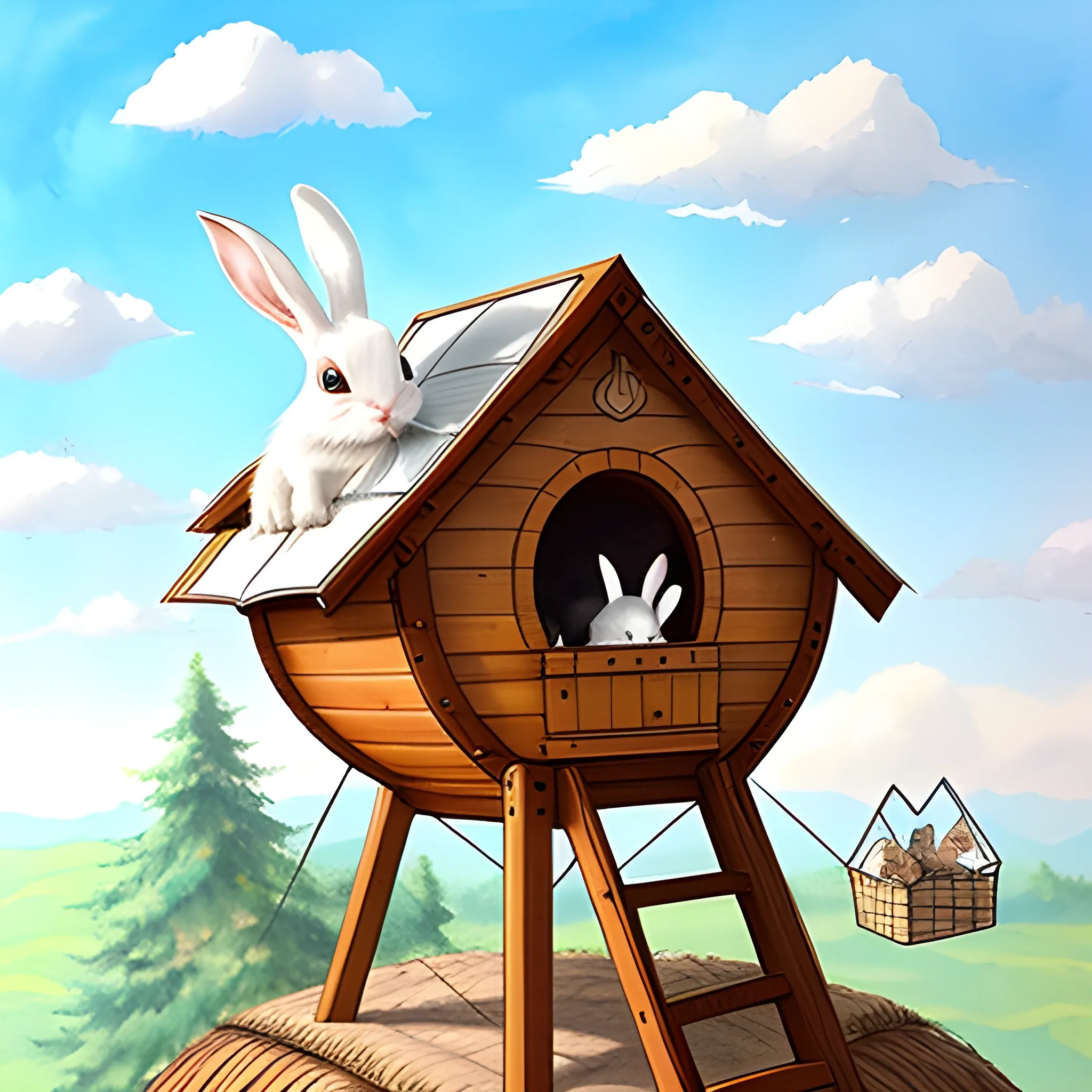 There was an adorable little white bunny who had a special friendship with a black dog. They got along like a house afire, and always had fun together. The little bunny lived in a wonderful treehouse, and the two of then would play together there for hours. The little bunny had many books in his treehouse, and they would take turns reading to each other, and imagine that they were having adventures. They had such fun. One day they imagined that they were taking a ride in a hot air balloon. When they look down, they could see all the other little bunnies and kittens waving to them,  dreamy,  by Andy Farkas, Water Color, Cartoon