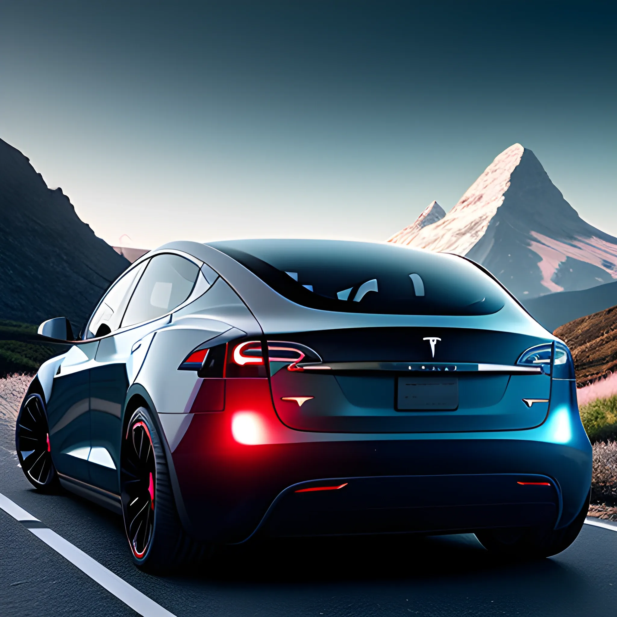 tesla, futuristic, cyberpunk, hatchback, hot hatch, car design, photography, automotive design, mountain road, clear sky, concept car, electric