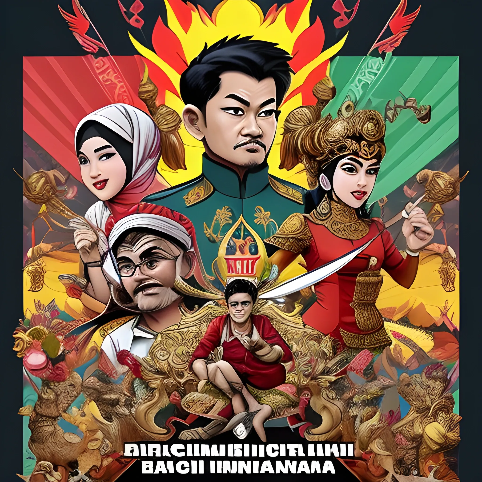 , Cartoon, 
ilustrasi komik cover judul "Layangan Negriku" dengan style comic retro, cerita scene menggambarkan 30 pahlawan pemuda pemudi bangsa indonesia dengan menggunakan berbagai macam pakaian adat yang mewakili berbagai suku daerah dari seluruh Indonesia berjuang dengan jiwa semangat, gembira dan lantang bersama-sama bersatu sedang menerbangkan sebuah Layangan berbentuk Burung Garuda Pancasila berwarna ke emasan yang sedang mencengkram dengan kaki kanan dan kirinya sebuah pita bendera Merah Putih yang memanjang dan bertuliskan "BHINNEKA TUNGGAL IKA" menggunakan efek arsiran komik agar terlihat lebih ekspresif dan sinematik

