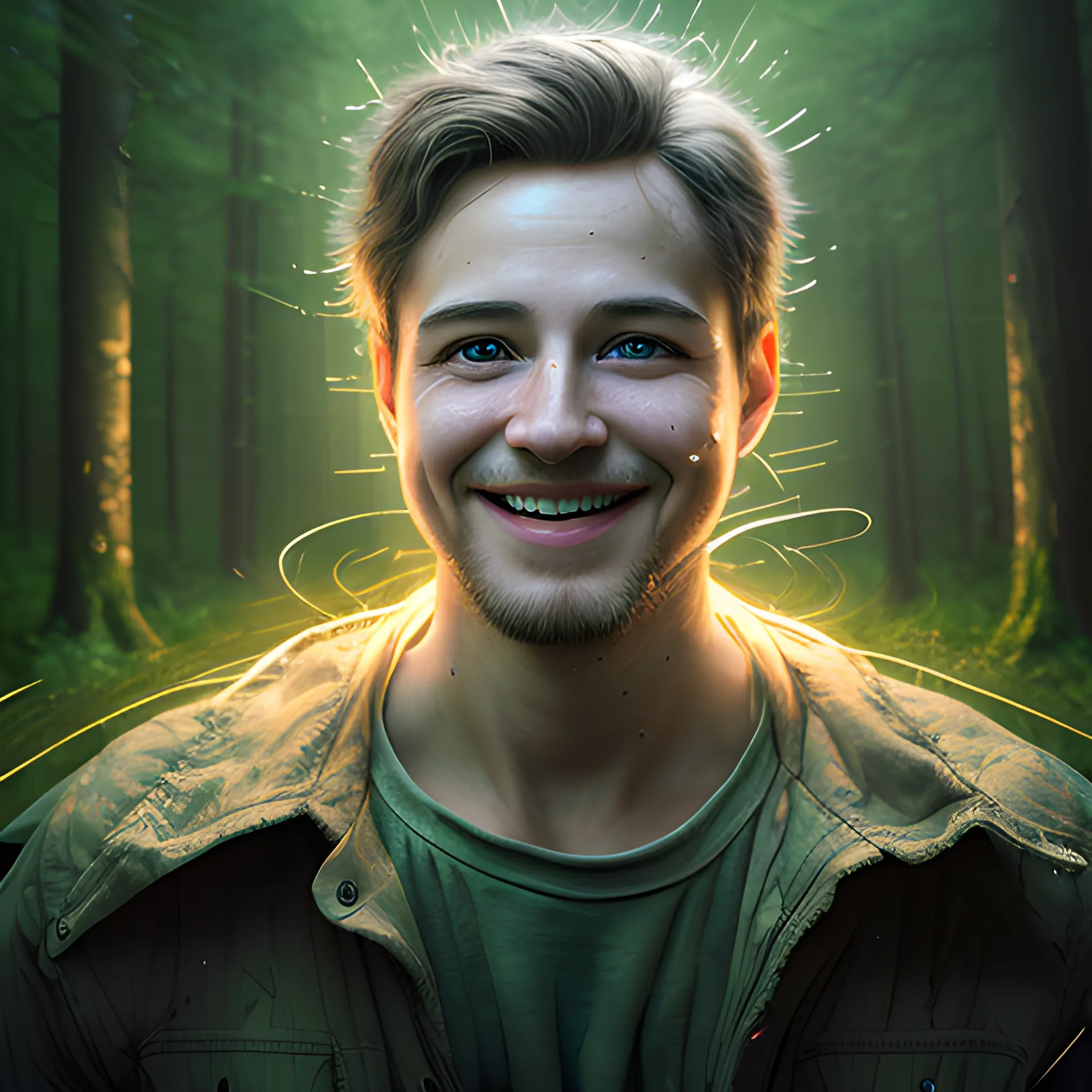 Best Quality, Masterpiece, Ultra High Resolution, (Realisticity:1.4), Original Photo, Cinematic Lighting, 1man, deep forest, smile, light painting