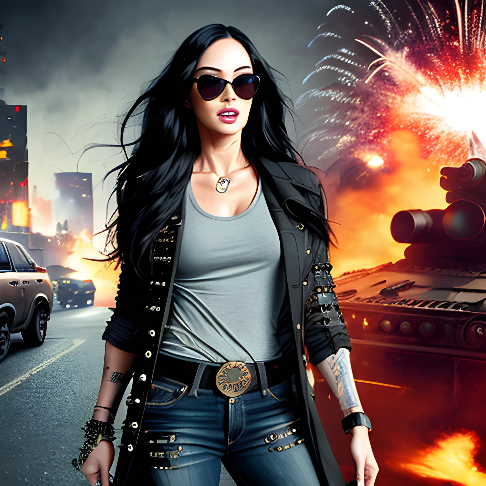 Megan Fox, long black hair, sunglasses, jeans, long t-shirt, coat,belt,armband,bracelets,holsters,rivets,big gun,city street with explosions behind,night,movie poster