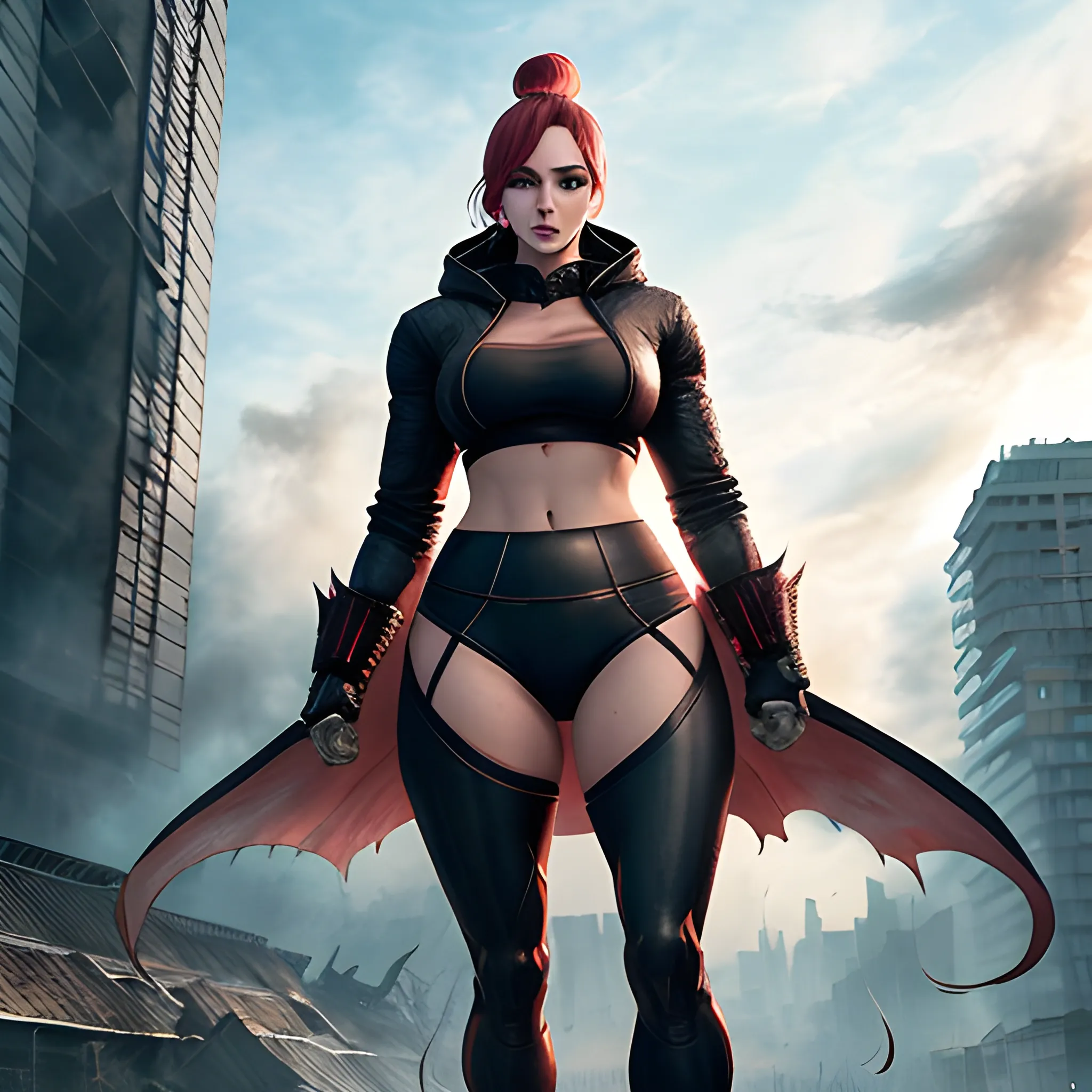 Giant Akari in crop top and jacket, Barefoot, a beauty girl、beautiful countenance、beauty legs、well-muscled、athletic bodies, gts city, city buildings, Smoke coming from a broken building, Confront evil black smoke and assimilating monsters、Screaming and fighting、Fighting face、fighting poses