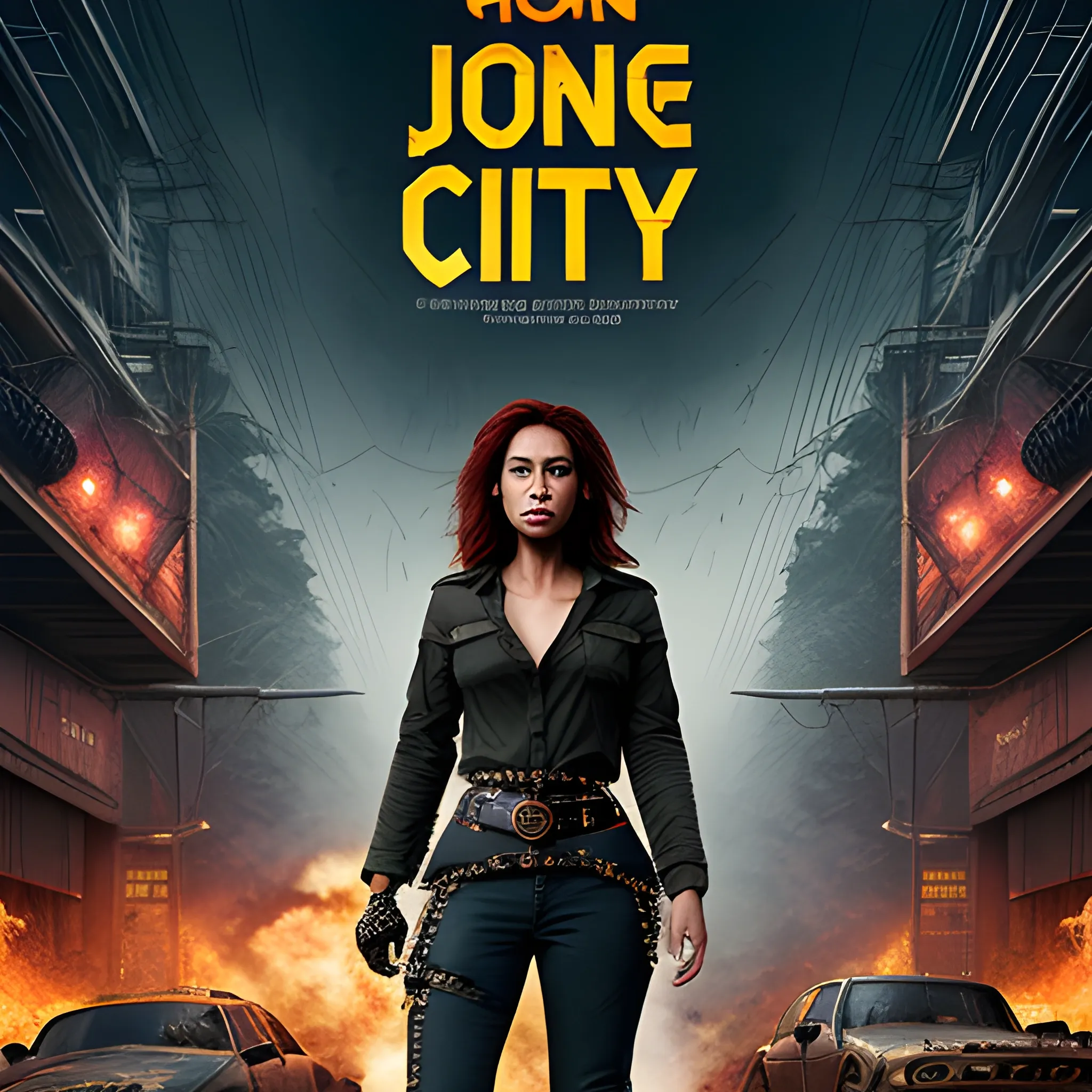 Movie poster, jungle city, lion warrior, medium chest woman, black jeans, belt, long t-shirt, coat, rivets, holster, rivets, explosions, jungle, ruins, just one body, night