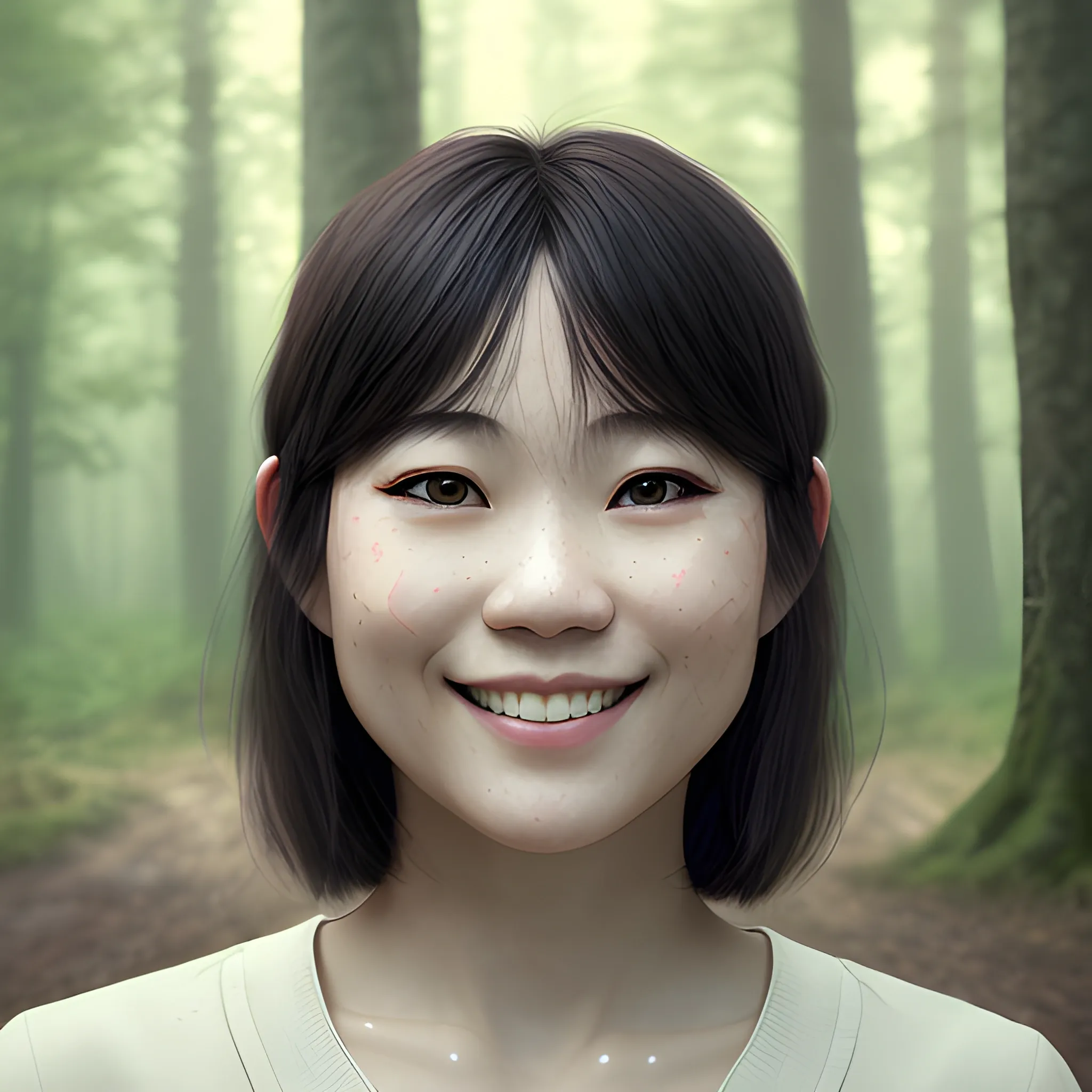 Best Quality, Masterpiece, Ultra High Resolution, (Realisticity:1.4), Original Photo, Cinematic Lighting, 1woman, forest, smile, Asian face, bangs