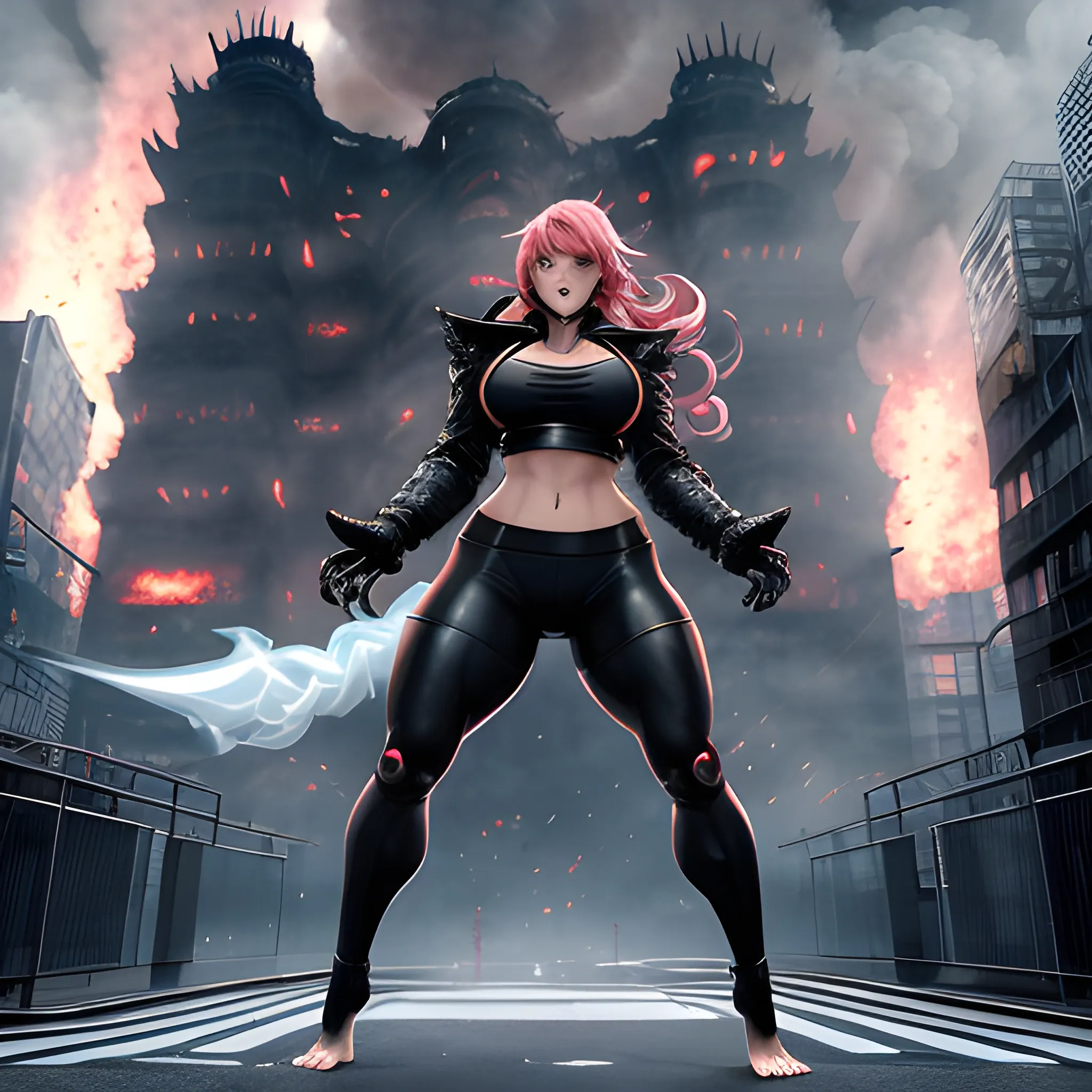 Giant Akari in crop top and jacket, Barefoot, a beauty girl、beautiful countenance、huge tit、beauty legs、well-muscled、athletic bodies, gts city, city buildings, Smoke coming from a broken building, Confront evil black smoke and assimilating monsters、Screaming and fighting、Fighting face、fighting poses