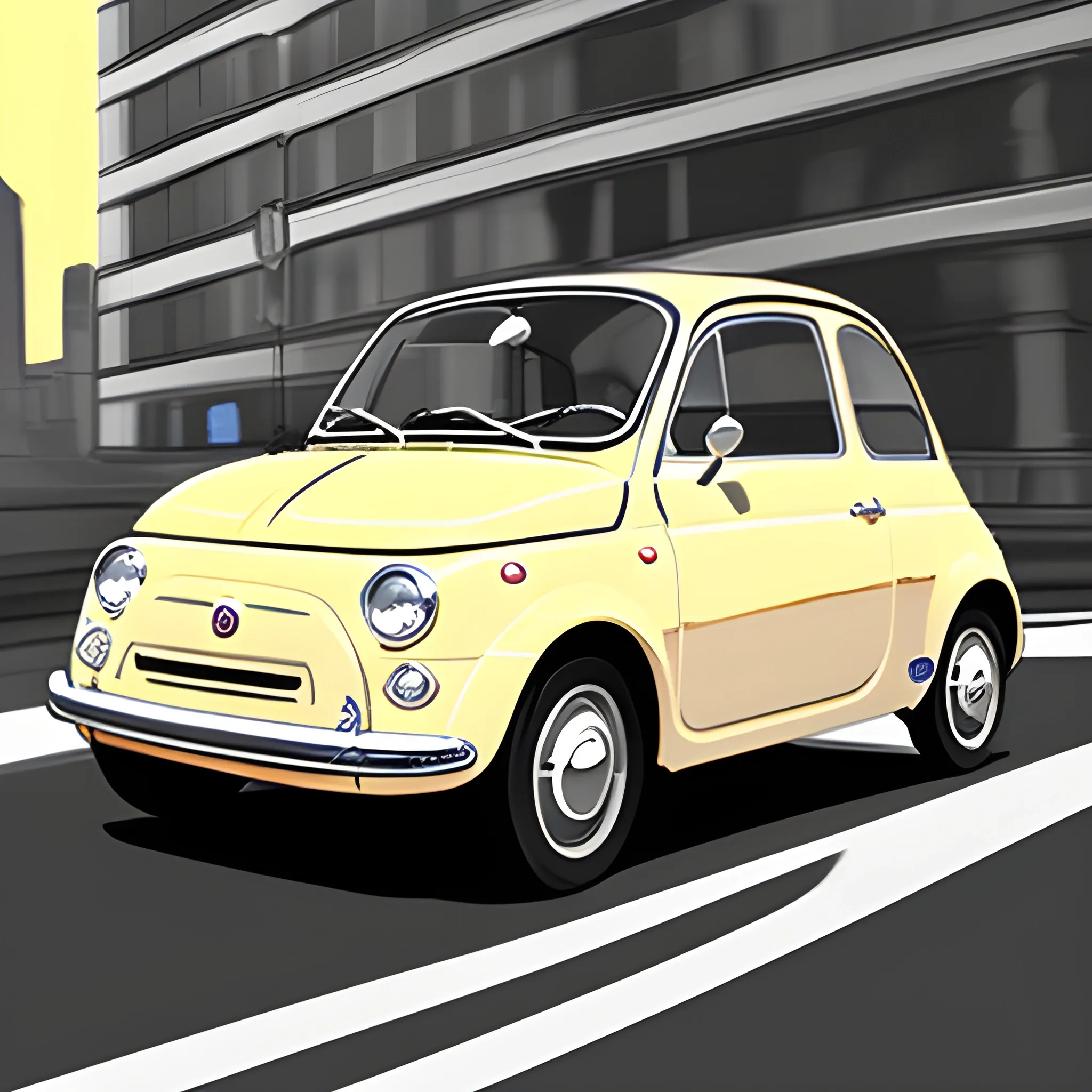 Fiat 500 1965, driving in a city, with sun,manga style drawing realistic, distant view