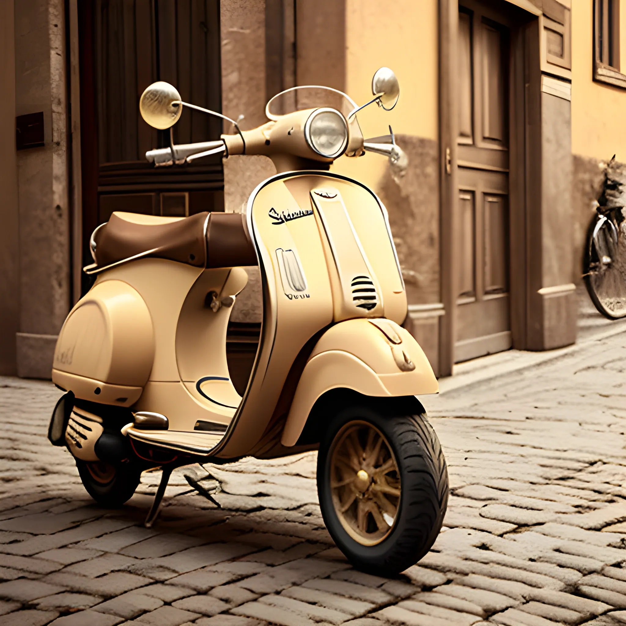 Create sepia-toned vintage-style photos on an Italian Vespa scooter elegantly parked on cobblestone streets. The Vespa should be a classic model with curves and elegant details. The scene should capture the essence of a traditional Italian street, Charming buildings and relaxed atmosphere. Lighting should reflect the warm tones of the golden hour, Soft shadows and nostalgic atmosphere. The overall composition should evoke a sense of timelessness, Ephemeral beauty..