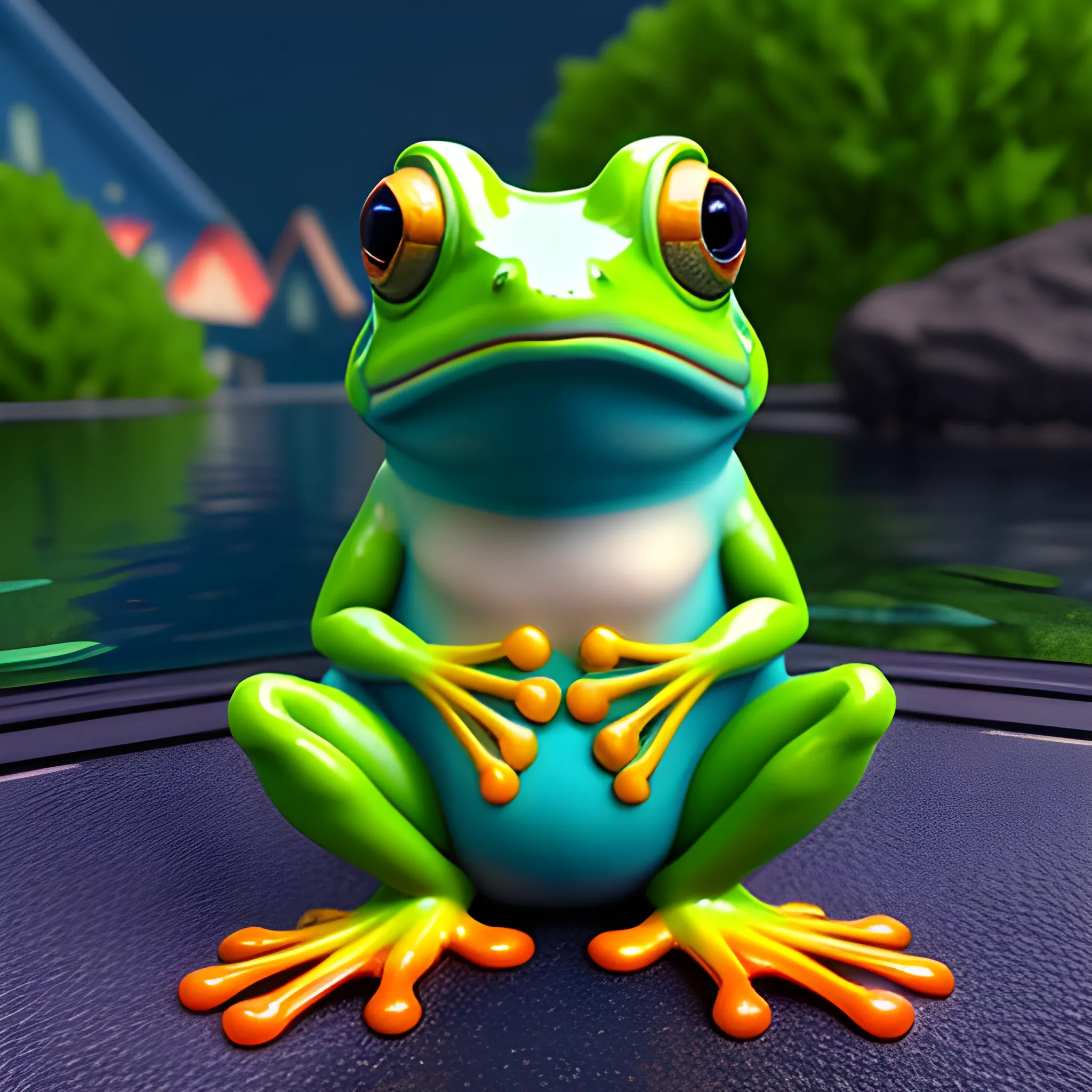 A colorful little cute frog sits outside his beautiful little house on the shore of the lake and looks at the little fishes.  Zbrush digital sculpting , digital colours, 3D blender sculpture., 3D