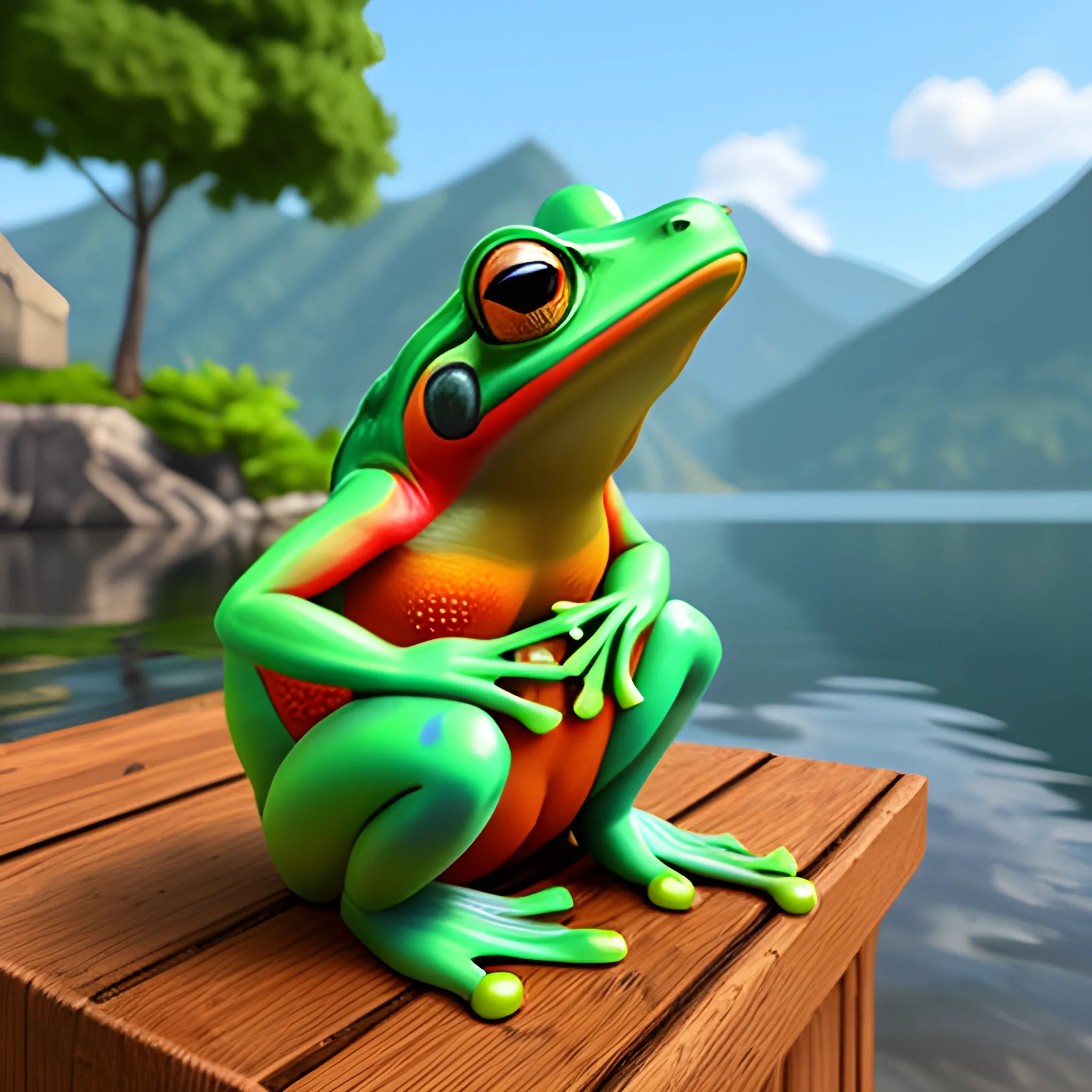 A colorful little cute frog sits outside his beautiful little house on the shore of the lake and looks at the little fishes.  Zbrush digital sculpting , digital colours, 3D blender sculpture., 3D