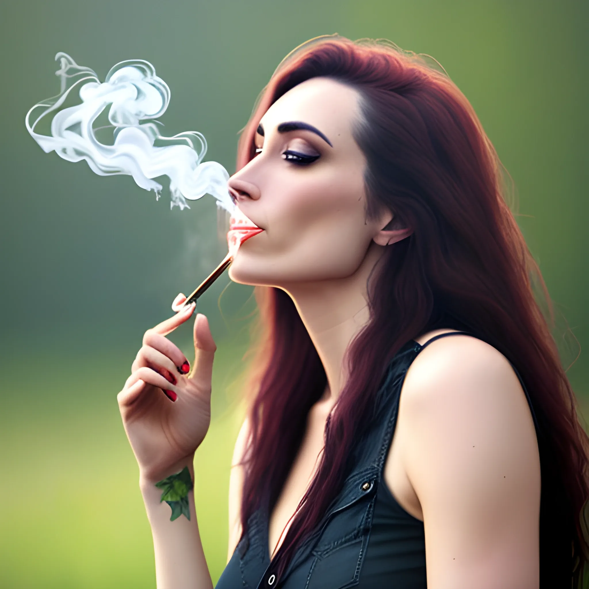 nature, realistic photo, cannabis, high, girl smoking, nice day, detailed
