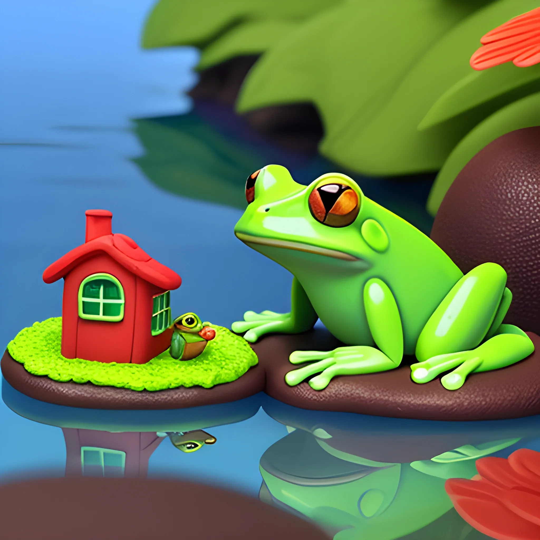 A colorful little cute frog sits outside his beautiful little house on the shore of the lake and looks at the little fishes.  plasticine animation