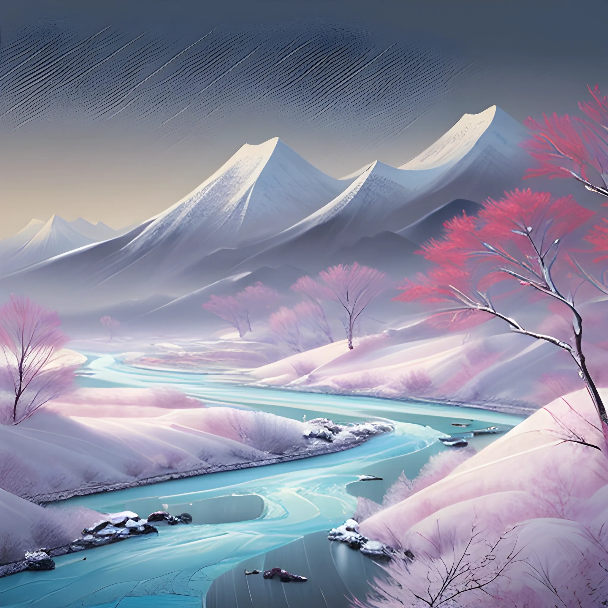 Light Chinese painting style, white snow mountains in the background, rime-frozen river, nature, ultra-clear details, cold colors, master paintings