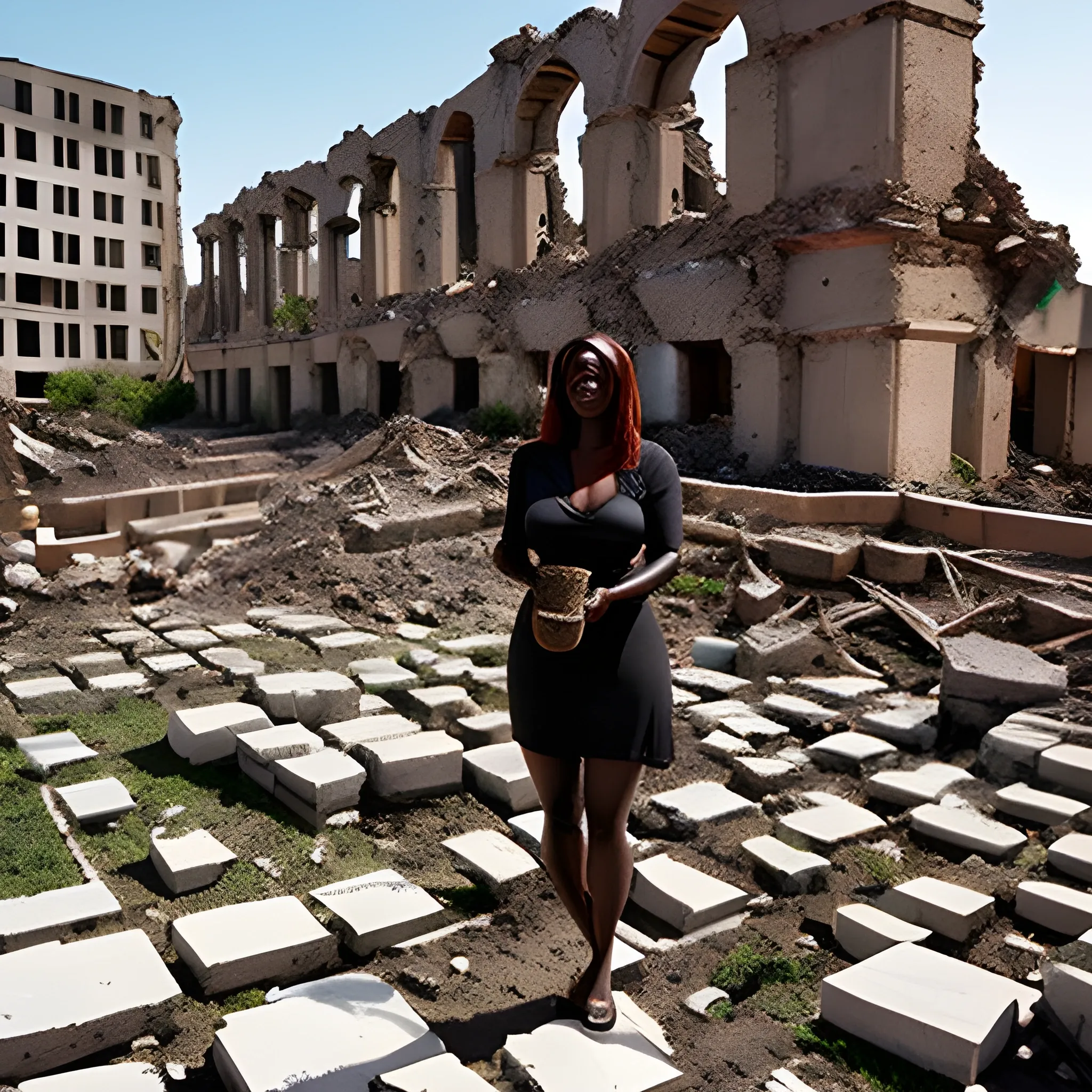 Little girl holding soil brings hope for life in the ruins of the city, Trippy