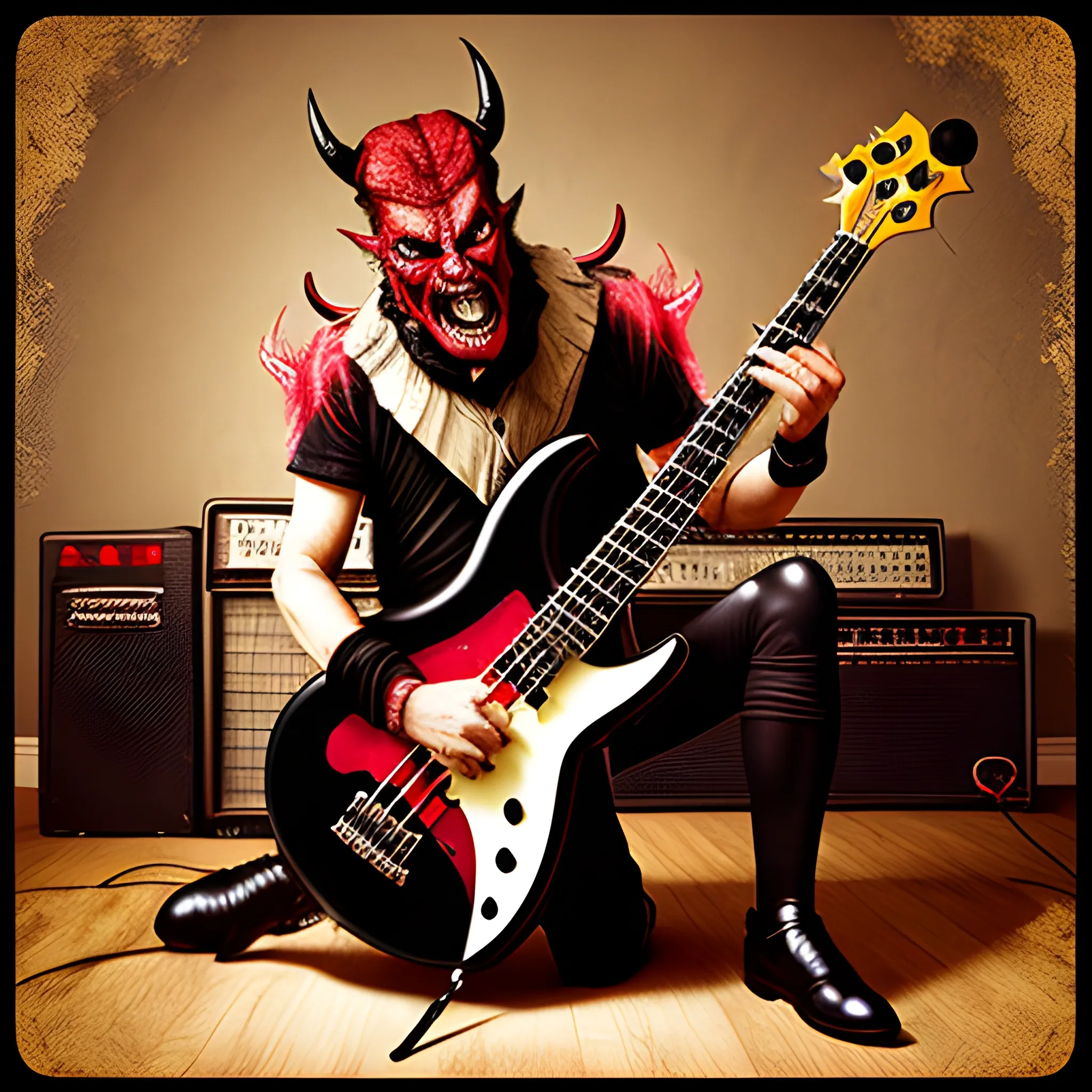 CREATE IMAGE OF A DEVIL PLAYING A FIVE STRING ELECTRIC BASS