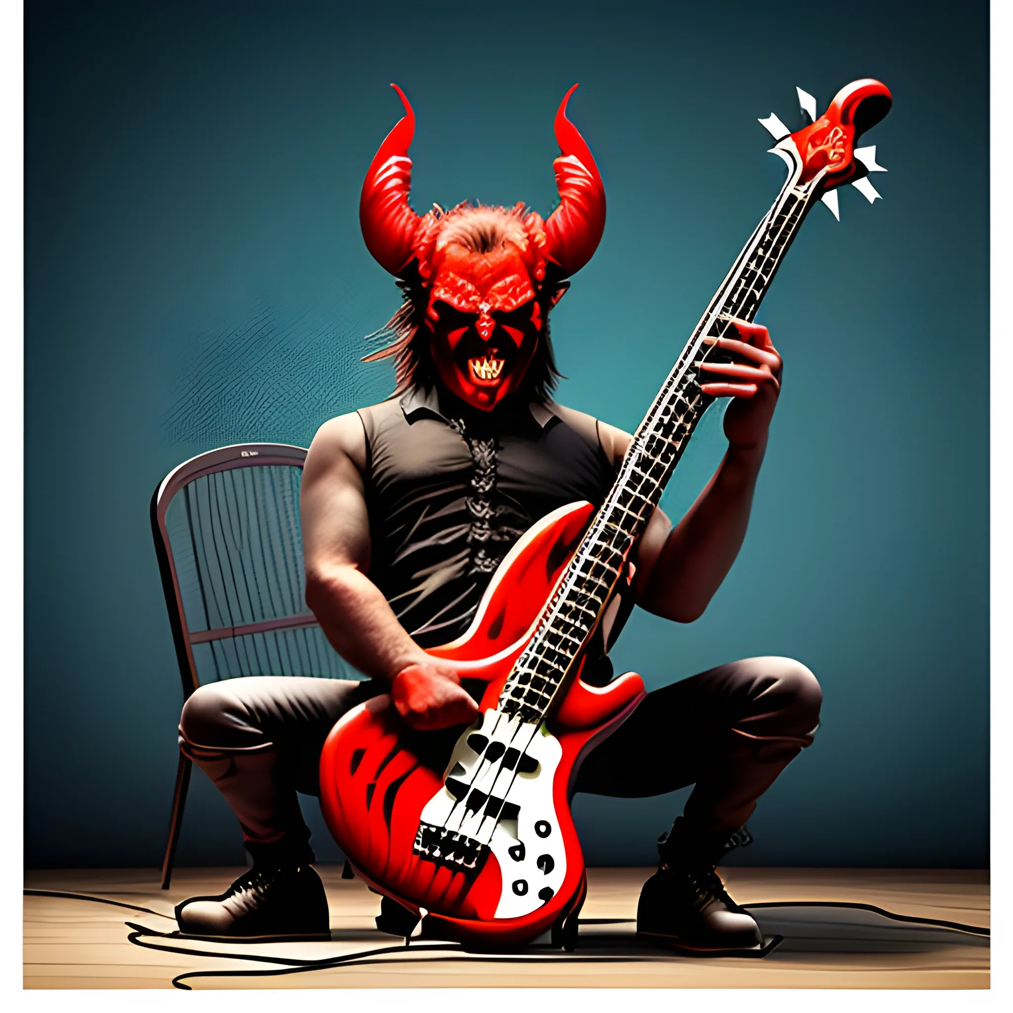 CREATE IMAGE OF A DEVIL PLAYING A FIVE STRING ELECTRIC BASS ON A FIRE STAGE