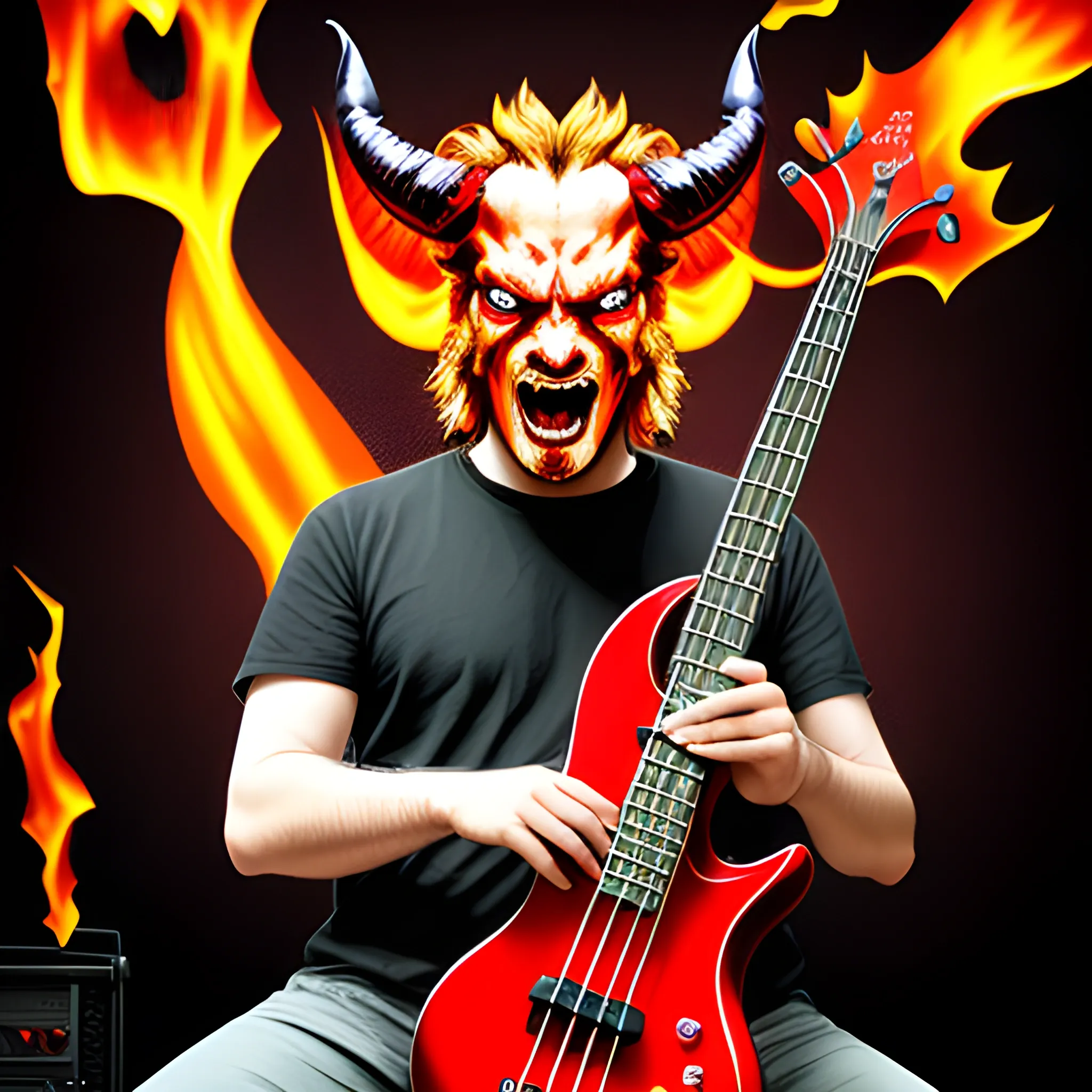 CREATE IMAGE OF A DEVIL WITH MY FACE PLAYING A FIVE STRING ELECTRIC BASS ON A FIRE STAGE