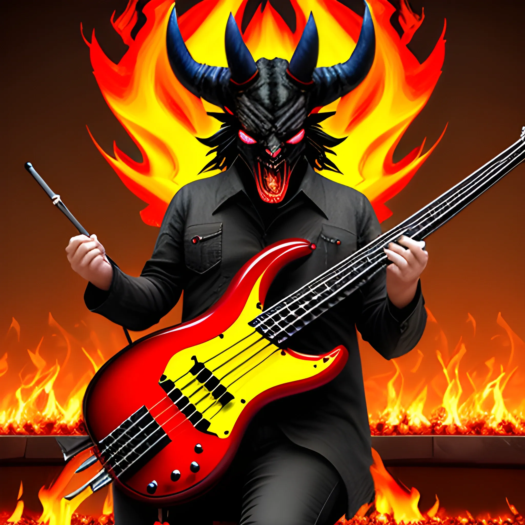 CREATE IMAGE OF A DEVIL PLAYING AN ELECTRIC BASS WITH FIVE STRINGS ON A FIRE STAGE