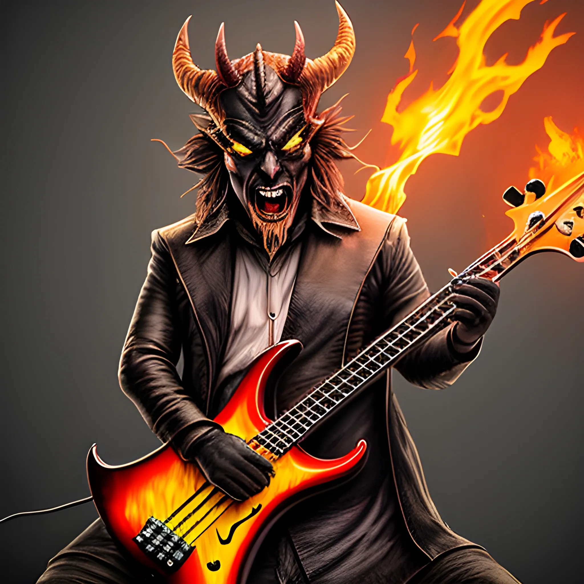 CREATE IMAGE OF A DEVIL PLAYING AN ELECTRIC BASS WITH FIVE STRINGS ON A FIRE STAGE