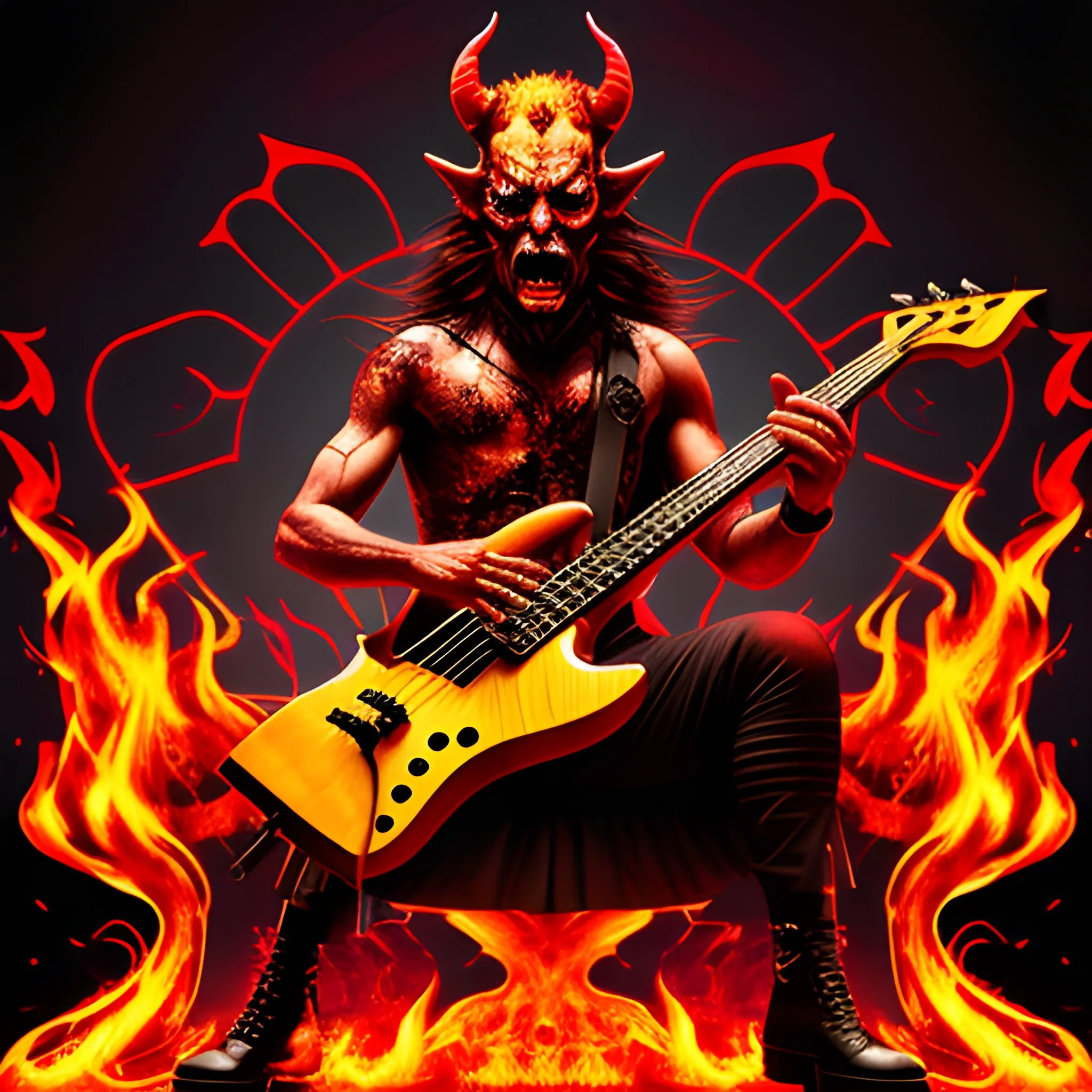 CREATE IMAGE OF A DEVIL PLAYING AN ELECTRIC BASS WITH FIVE STRINGS ON A BURNING STAGE SURROUNDED BY WOMEN