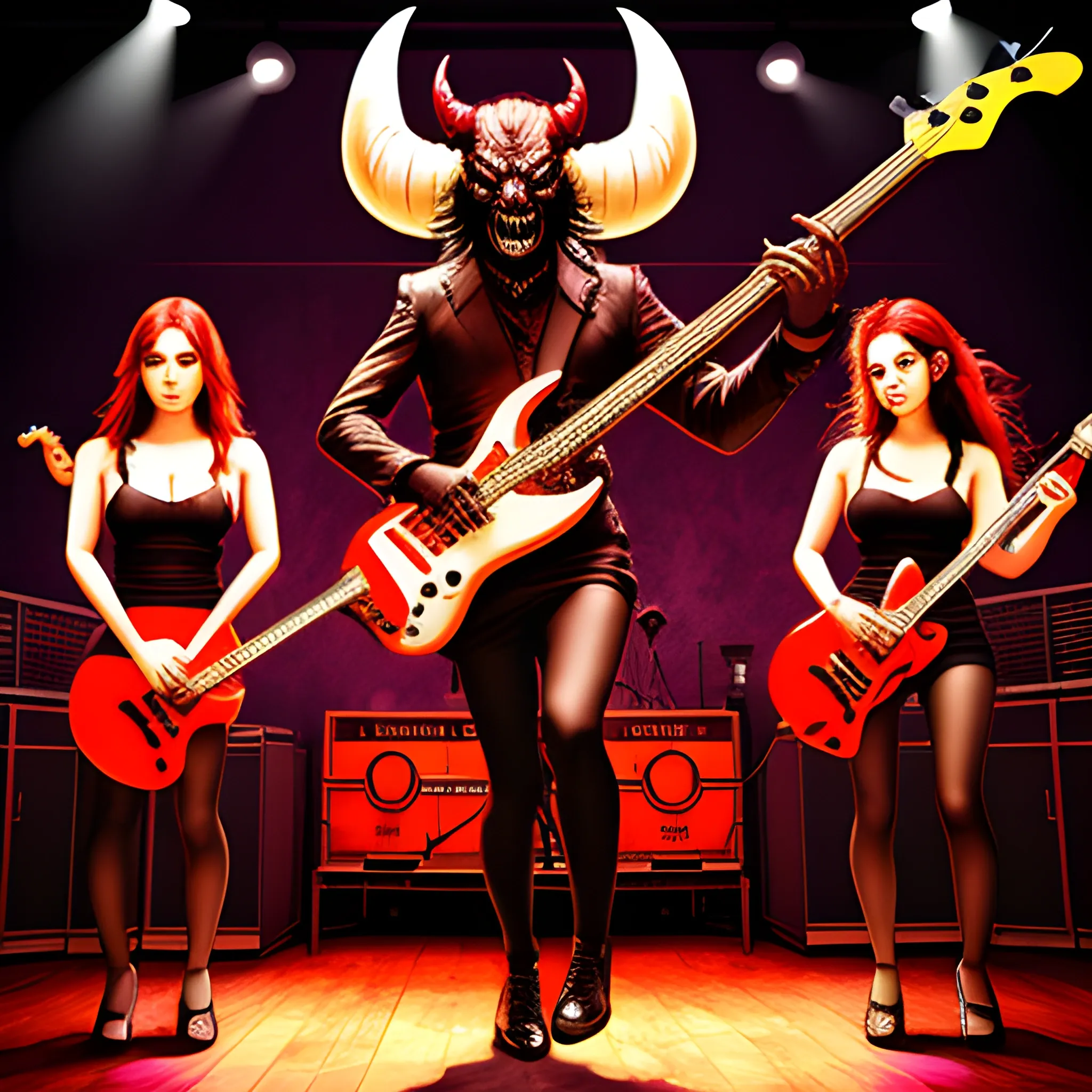 CREATE IMAGE OF A DEVIL PLAYING AN ELECTRIC BASS WITH FIVE STRINGS ON A STAGE SURROUNDED BY WOMEN