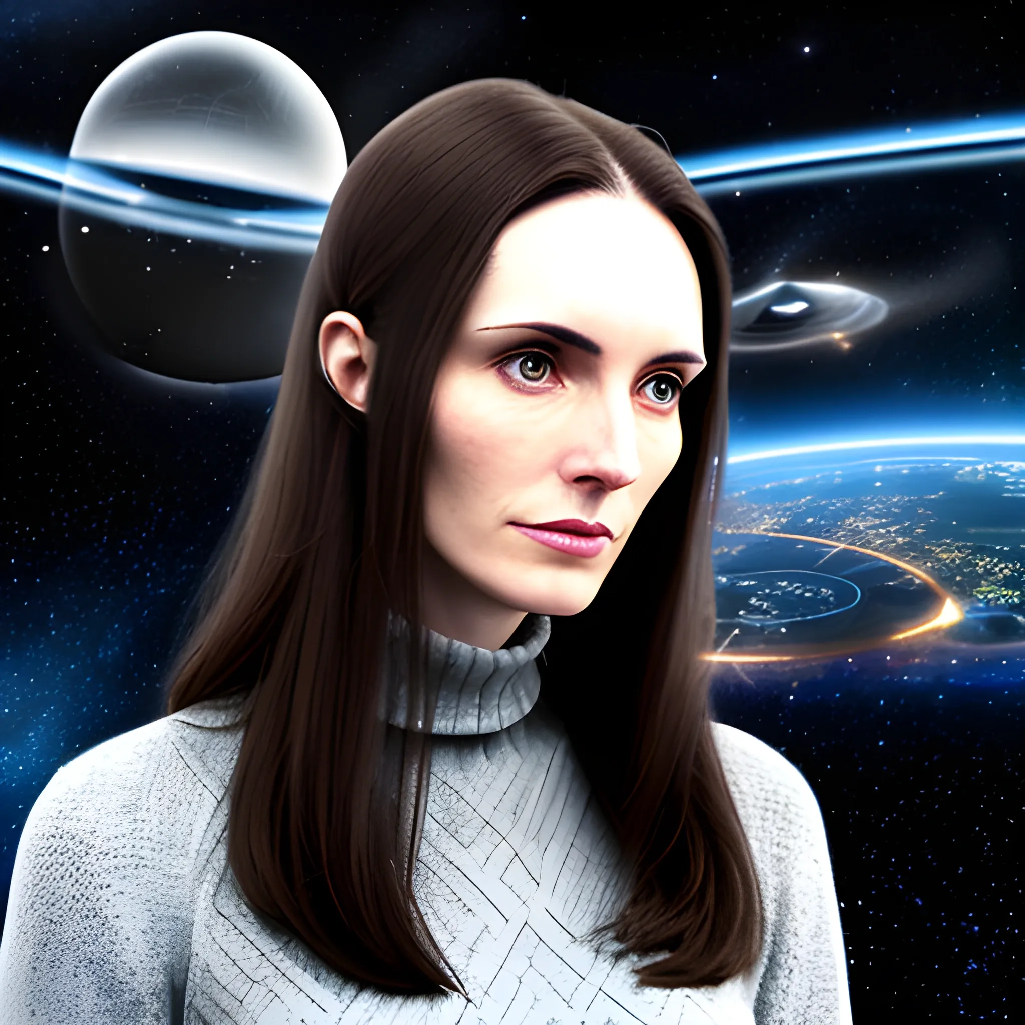 Thin 13-year-old woman, thin face, pale skin, long, straight brown hair, dressed in a thin gray sweater with a worried look to the side, in the background a starship cabin with control computers and windows overlooking space with dark blue filters, looking forward, photography style. .