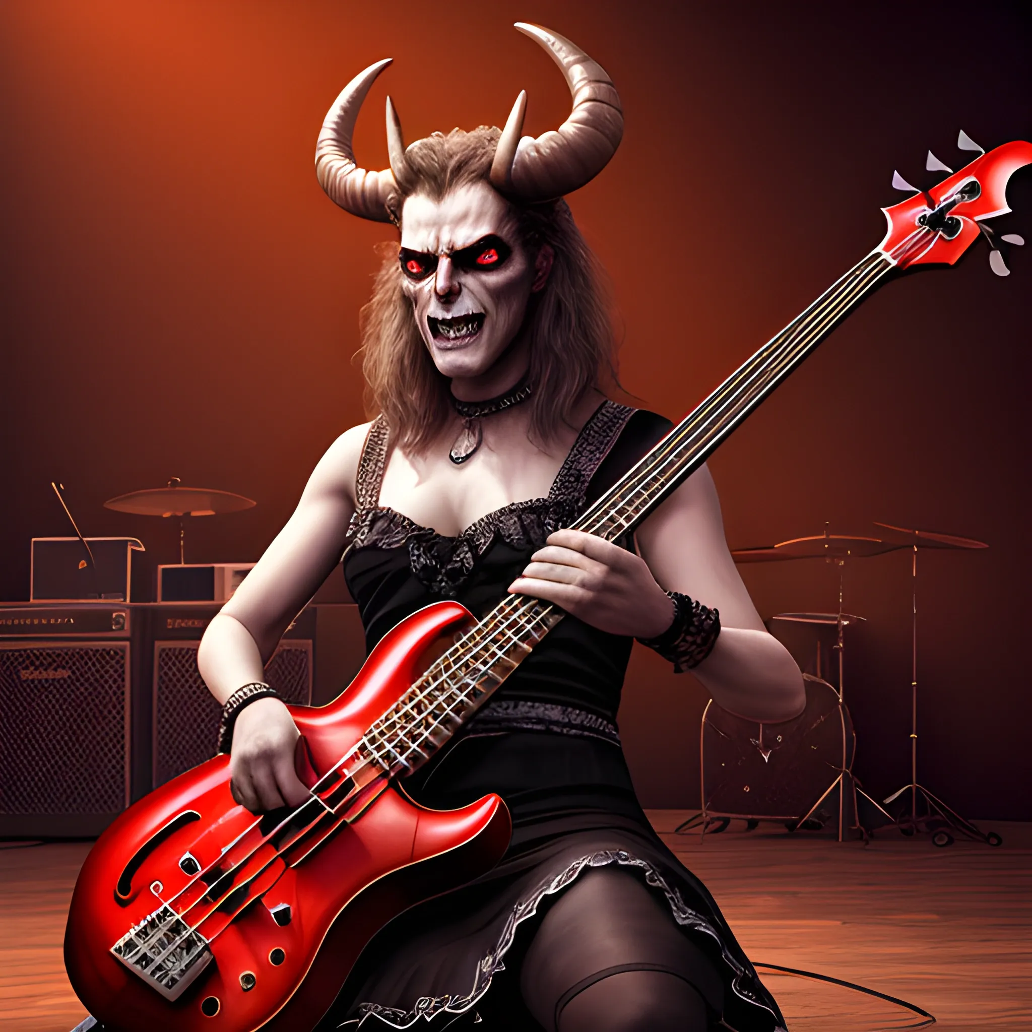 CREATE REALISTIC IMAGE OF A DEVIL PLAYING AN ELECTRIC BASS WITH FIVE STRINGS ON A STAGE SURROUNDED BY WOMEN