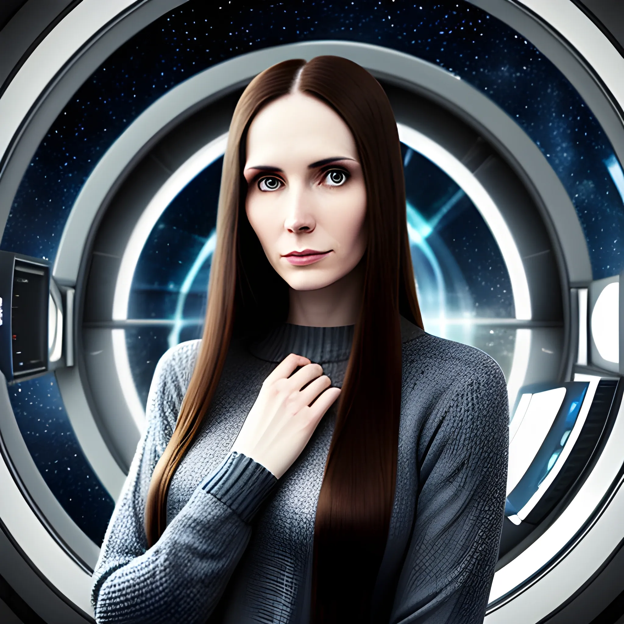 Thin 13-year-old woman, thin face, pale skin, long, straight brown hair, dressed in a thin gray sweater with a worried look to the side, in the background a starship cabin with control computers and windows overlooking space with dark blue filters, looking forward, photography style. .