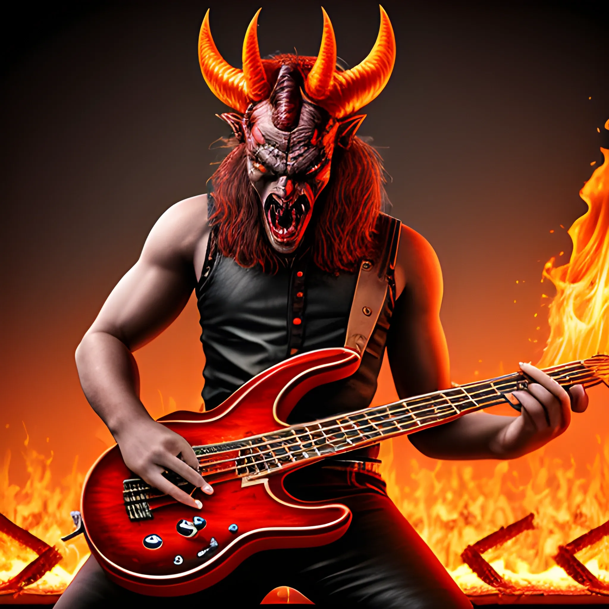 CREATE REALISTIC IMAGE OF A DEVIL PLAYING AN ELECTRIC BASS WITH FIVE STRINGS ON A FIRE STAGE