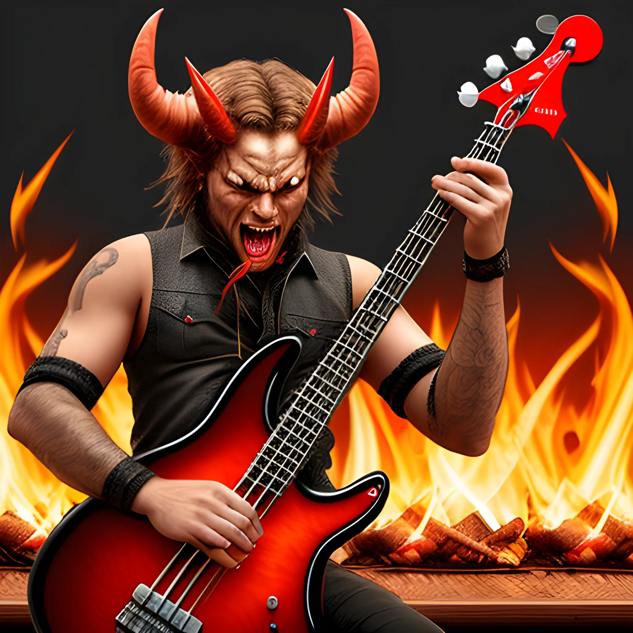 CREATE REALISTIC IMAGE OF A DEVIL PLAYING AN ELECTRIC BASS WITH FIVE STRINGS ON A FIRE STAGE