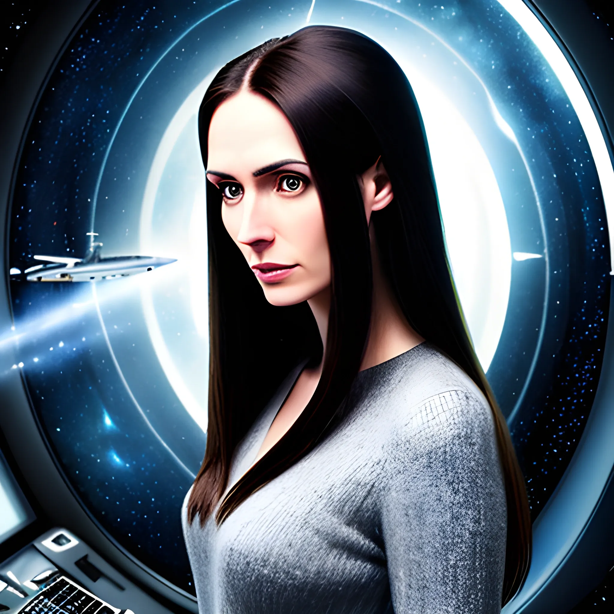 Thin 13-year-old woman, thin face, pale skin, long, straight brown hair, dressed in a thin gray sweater with a worried look to the side, in the background a starship cabin with control computers and windows overlooking space with dark blue filters, looking forward, photography style , hiperealistic style.