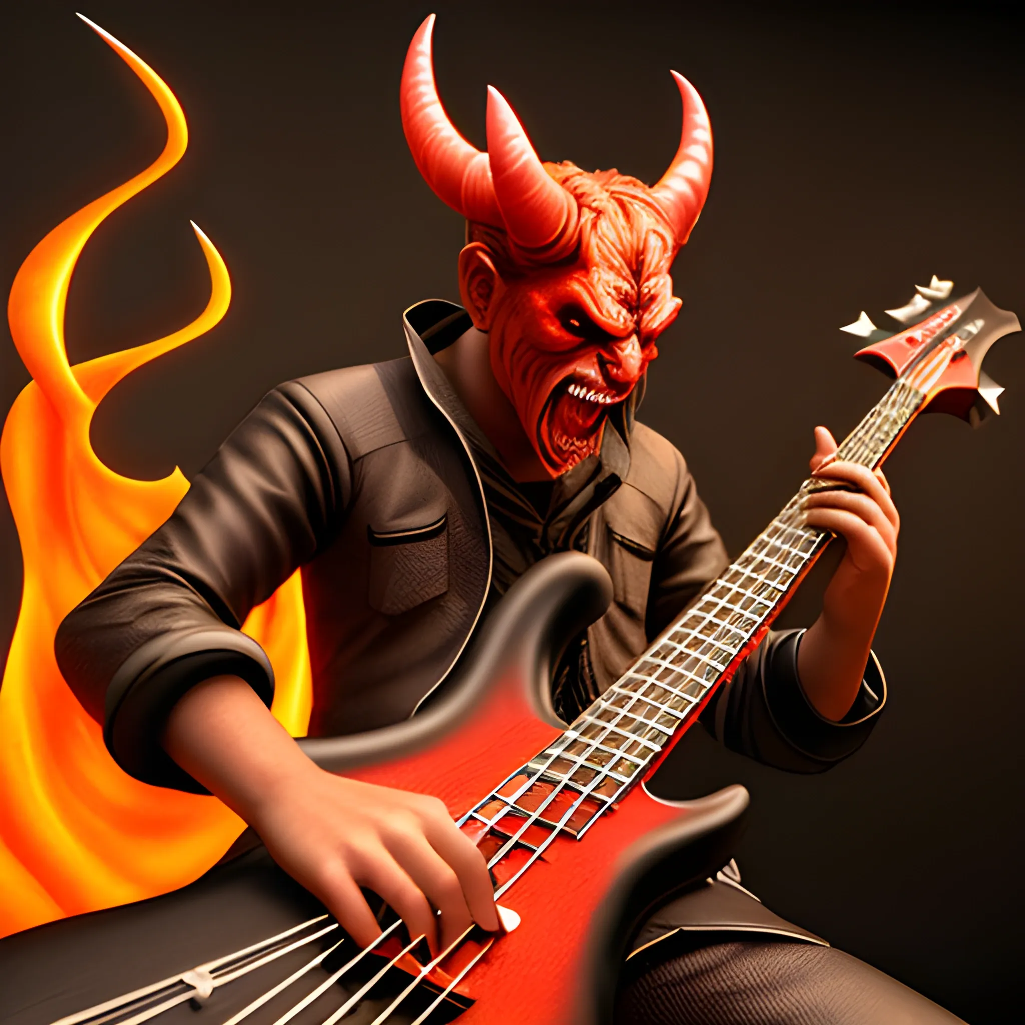 CREATE REALISTIC IMAGE OF A DEVIL PLAYING AN ELECTRIC BASS WITH FIVE STRINGS ON A FIRE STAGE, 3D